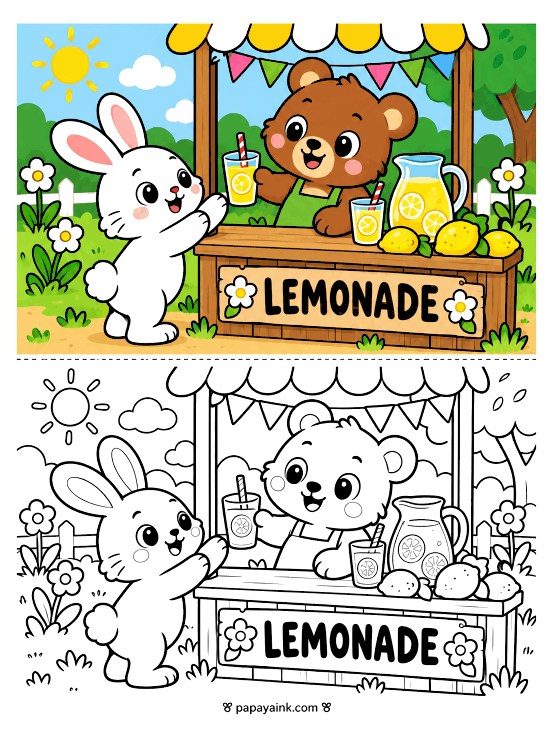 Bear Coloring Pages - A bear in an apron serves lemonade at a striped-awning stand to a happy bunny customer. Detailed.