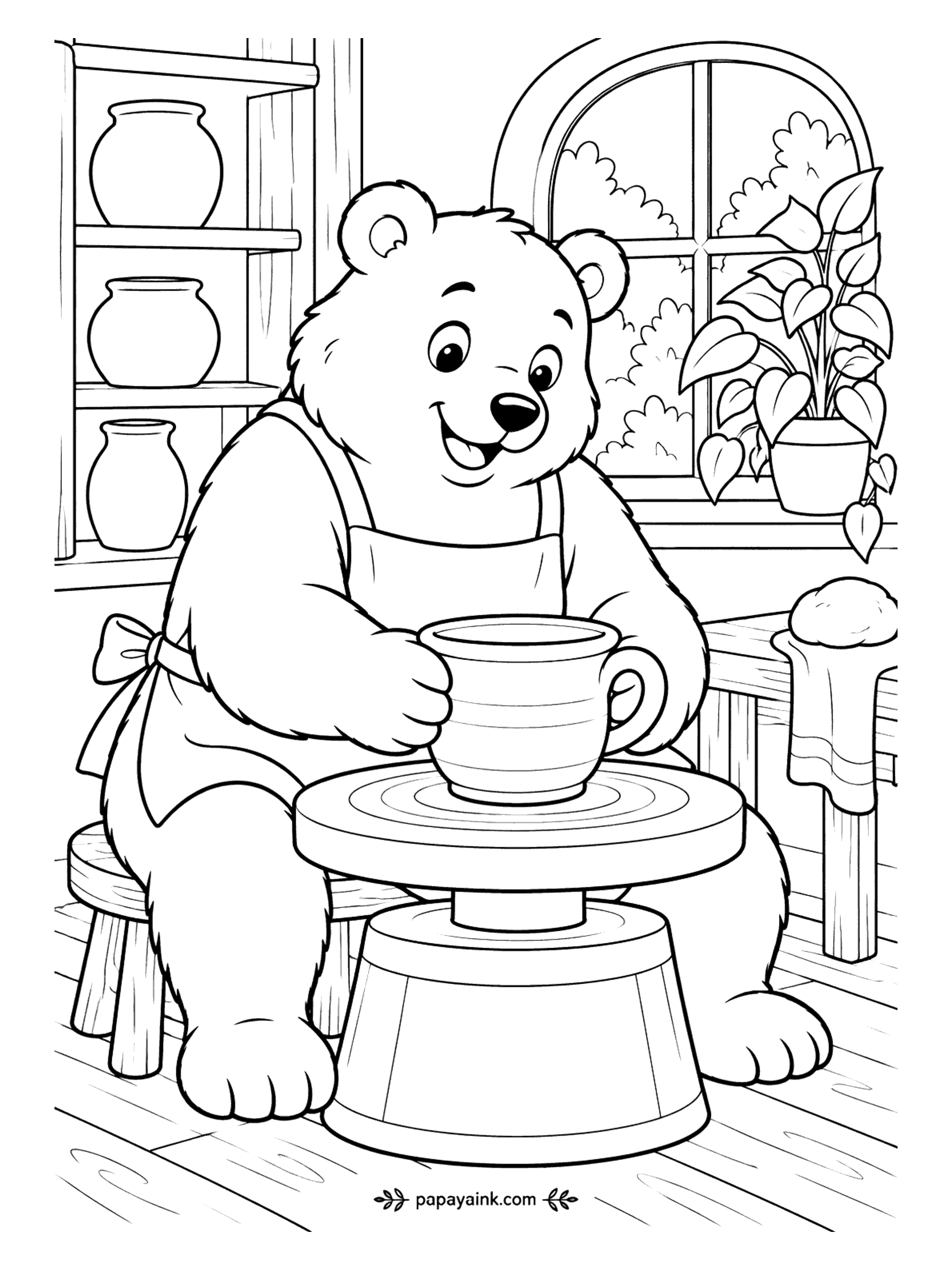 Bear Coloring Pages - Clay on the wheel, apron tied in a bow, and the mug is nearly round. Three finished jars already sit on the shelf of the bear's pottery workshop, which suggests practice. An easy bear coloring page - few lines, lots of room.