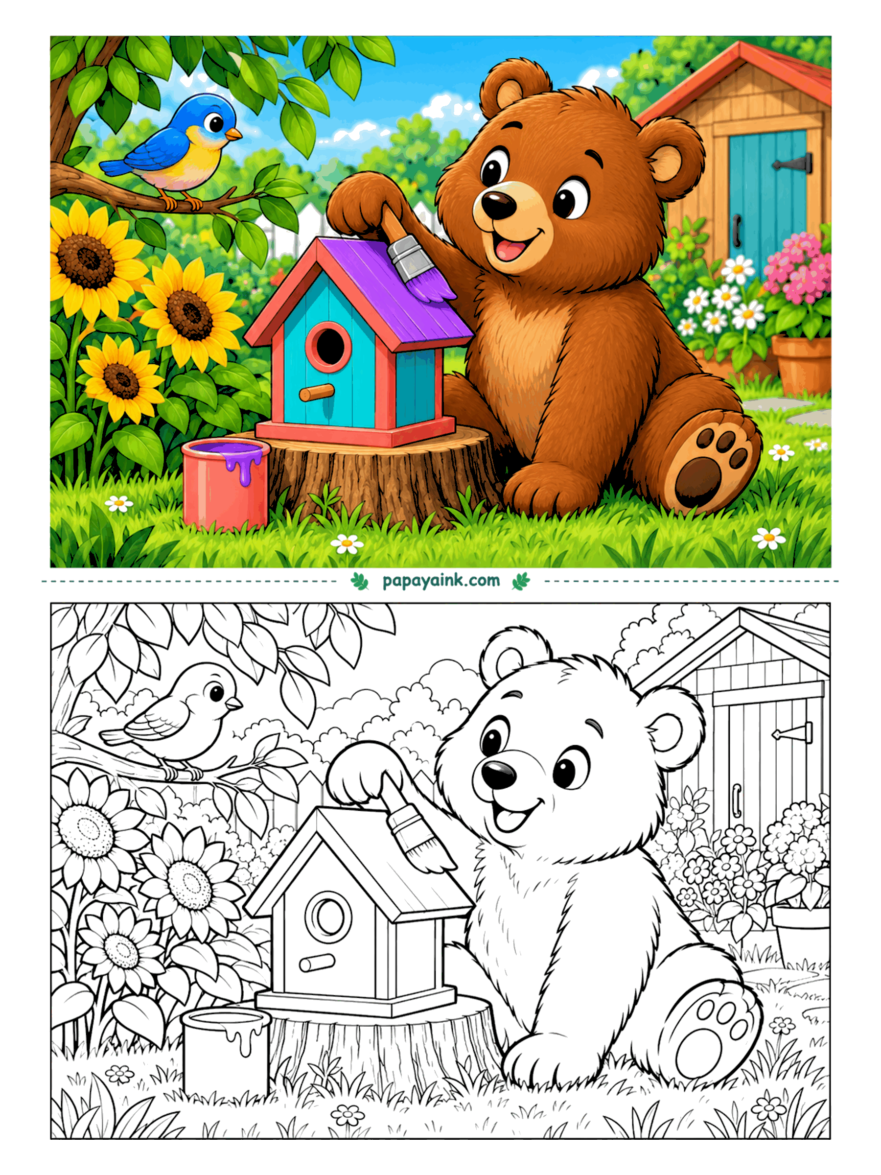 Bear Coloring Pages - Purple roof, turquoise walls, red trim - the bear has opinions about birdhouses. The future tenant watches from a branch while the last coat goes on, sunflowers to the left and the shed behind. Detailed, with plenty of leaves and petals.