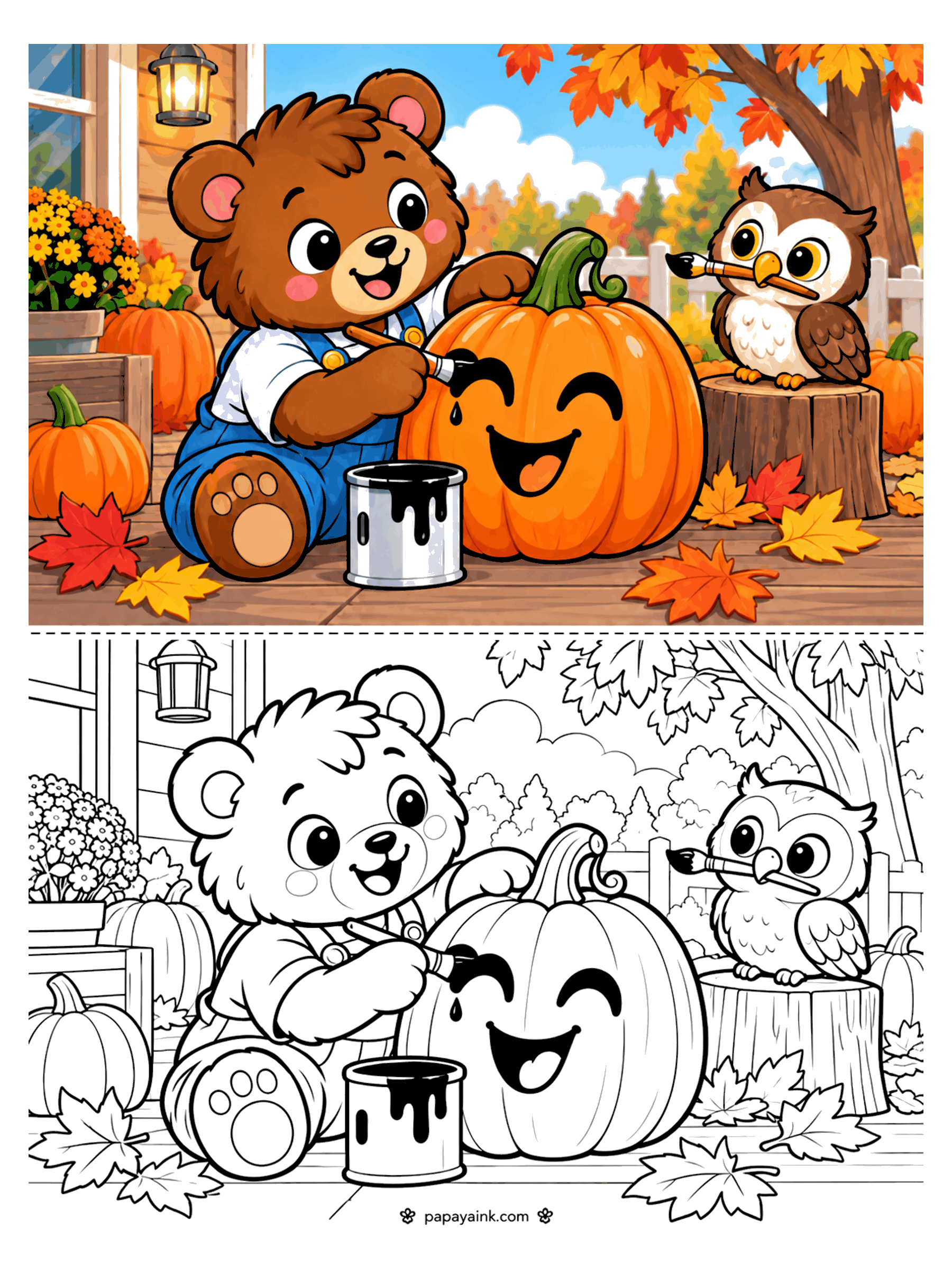 Pumpkin Coloring Pages - A bear cub in overalls paints a smiling face on a pumpkin on the porch while an owl on a stump holds a brush in its beak.