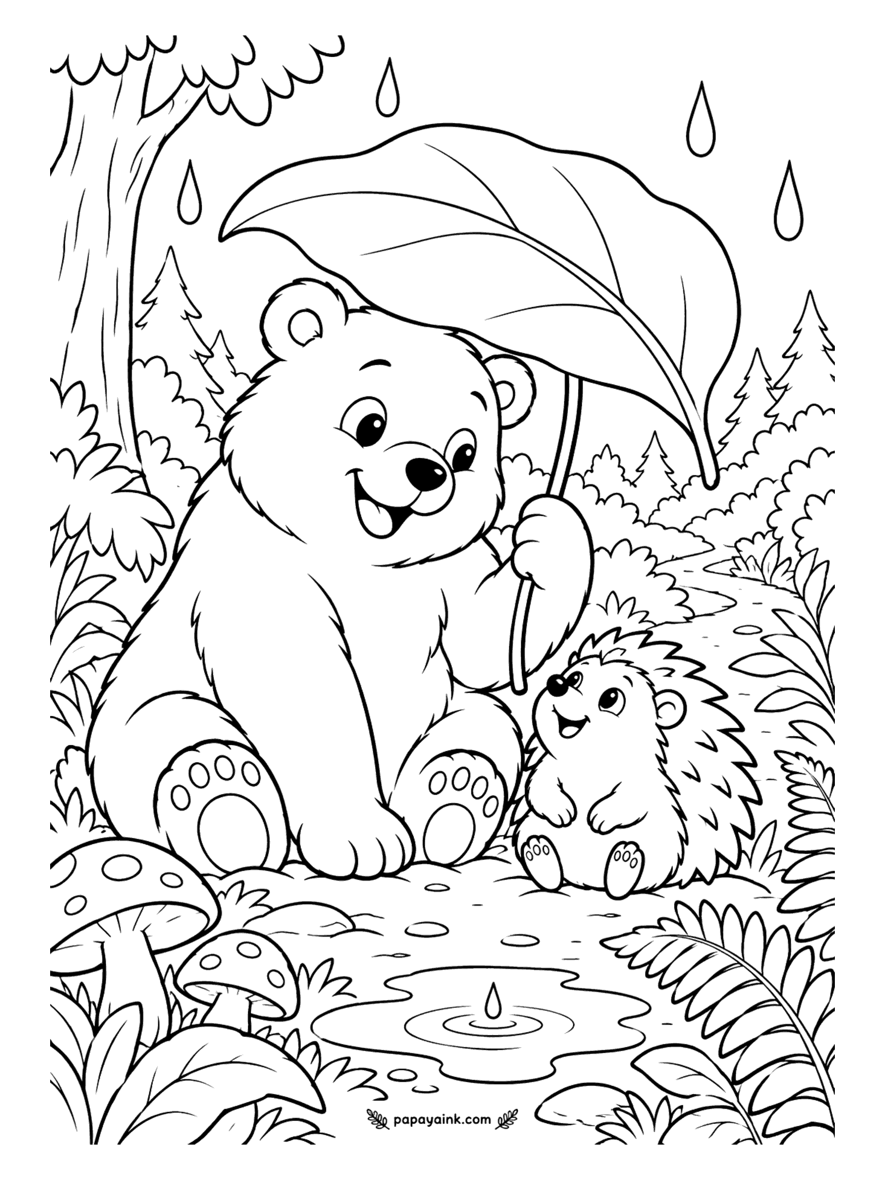 Bear Coloring Pages - Rain is no trouble if a friend owns a big enough leaf. The bear holds it over them both, and the hedgehog seems to find the storm funny. Toadstools, ferns and a puddle with one perfect drop finish the forest scene.
