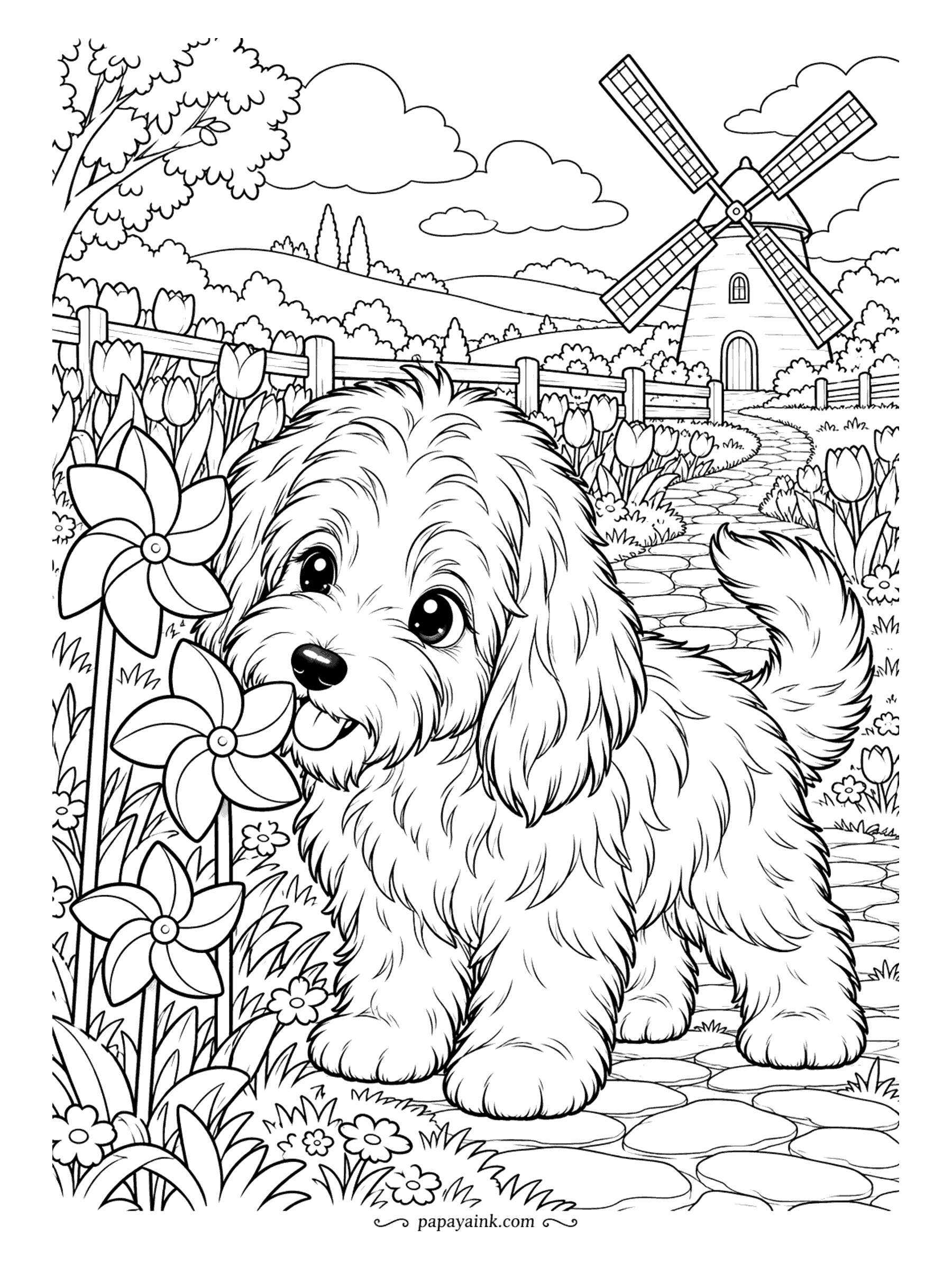 Puppy Coloring Pages - Pinwheels spin in the tulip bed, and the bearded collie puppy is trying to work out what makes them go. A cobbled path leads to a windmill on the hill. The shaggy coat takes short, loose strokes.