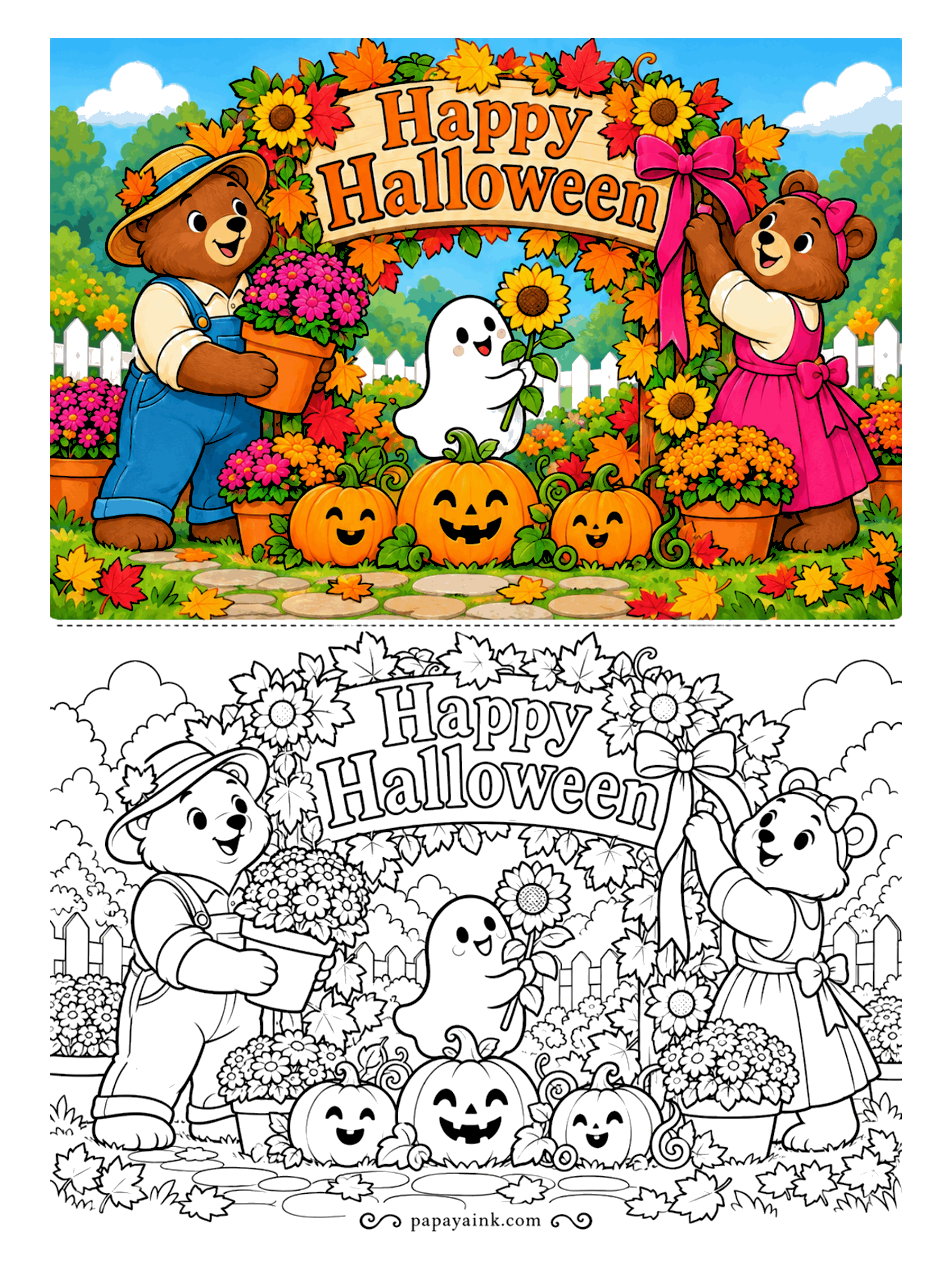 Halloween Coloring Pages - Two bears are finishing the garden arch, one holding a pot of mums, the other tying the last pink bow, and a ghost hands up a sunflower. Keep the lettering pale so it still reads against all those leaves.