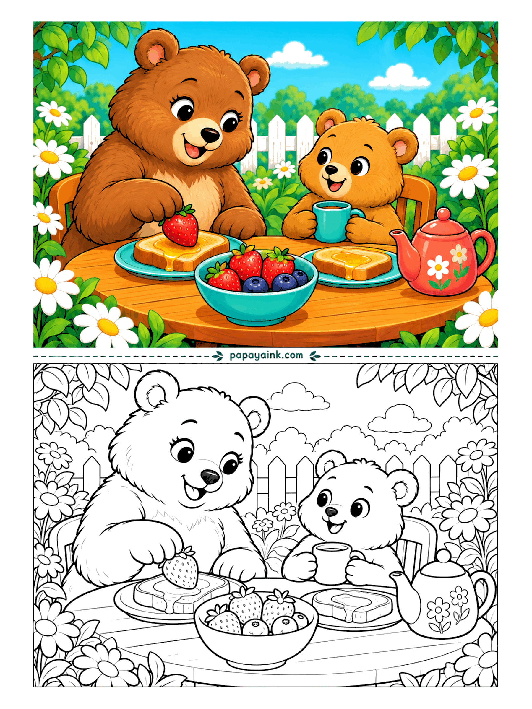 Bear Coloring Pages - Breakfast outdoors: honey toast, a bowl of berries and a flowered teapot. The big bear is placing one strawberry exactly in the middle of the toast while the cub holds a mug in both paws and waits. Detailed, daisies all around the table.