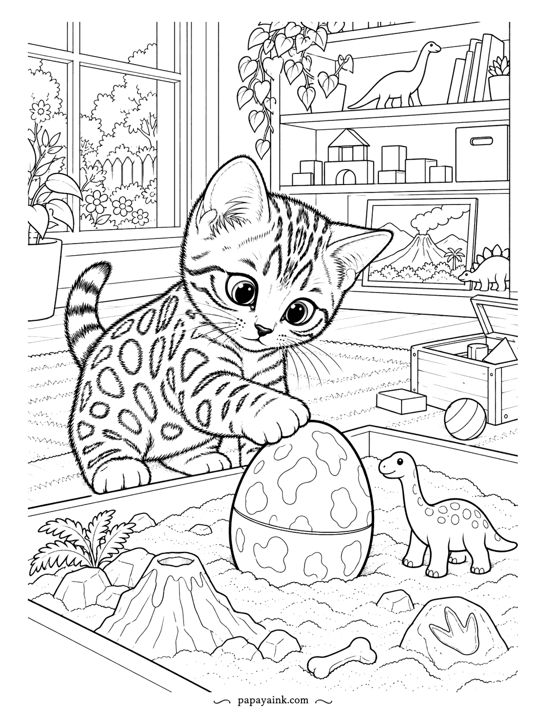 Kitten Coloring Pages - The spotted dinosaur egg in the sandbox is cracking, and the Bengal kitten has decided to supervise. A toy volcano, a bone, a footprint and a small sauropod looking on. Count the rosettes before you start; there are more than it seems.