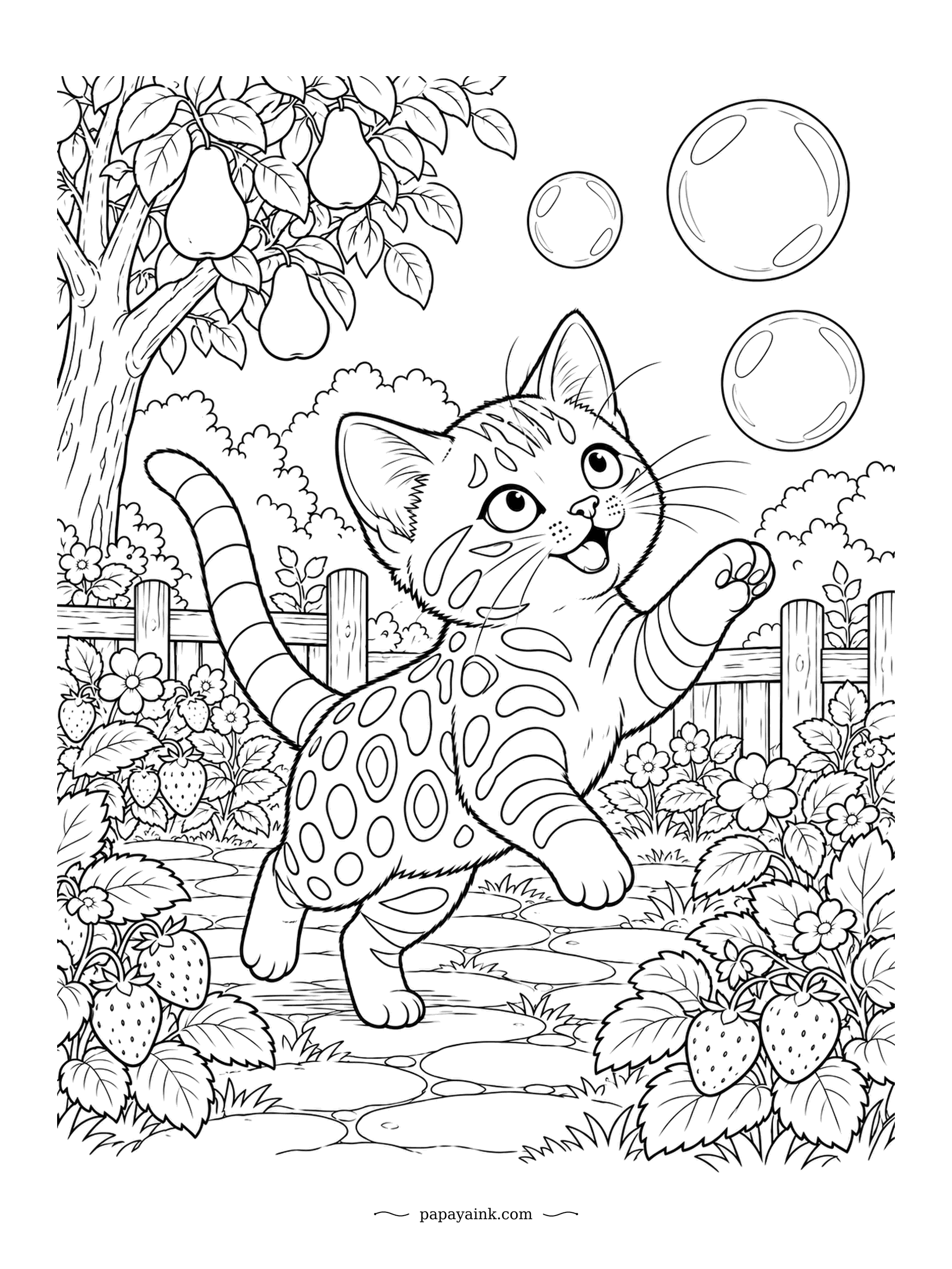 Kitten Coloring Pages - Standing tall for a soap bubble, with strawberries ripening at ground level and pears overhead. The rosettes on a Bengal kitten are there from birth and only get crisper. Spotted fur, striped tail, bubbles with a highlight left white.