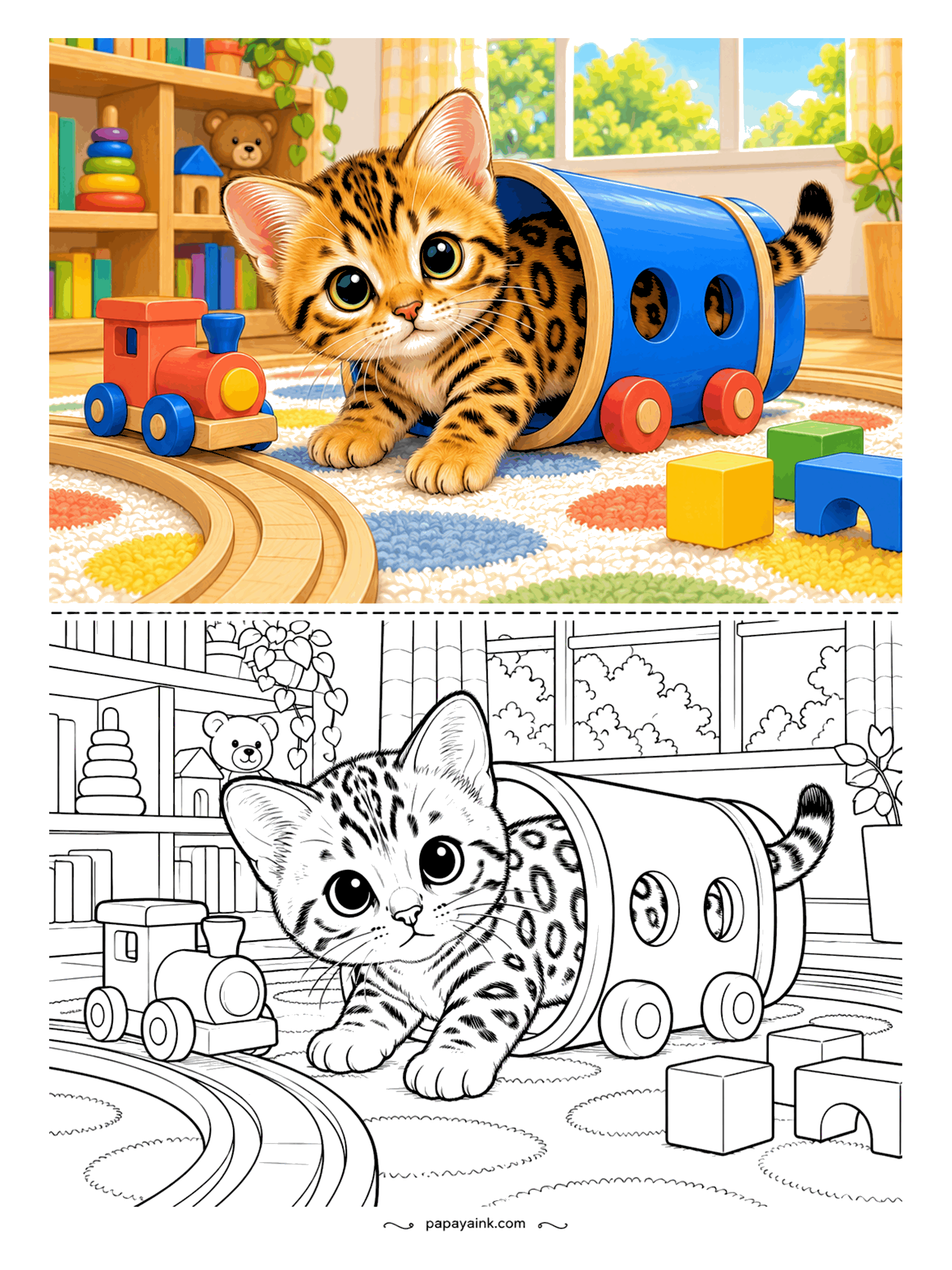 Kitten Coloring Pages - Halfway through the toy tunnel, a Bengal kitten pauses to check that the wooden train is not following. Rosette spots, a blue tunnel, blocks and a dotted rug in the playroom. The spots are the fun part: layer orange first, then add the dark centers.