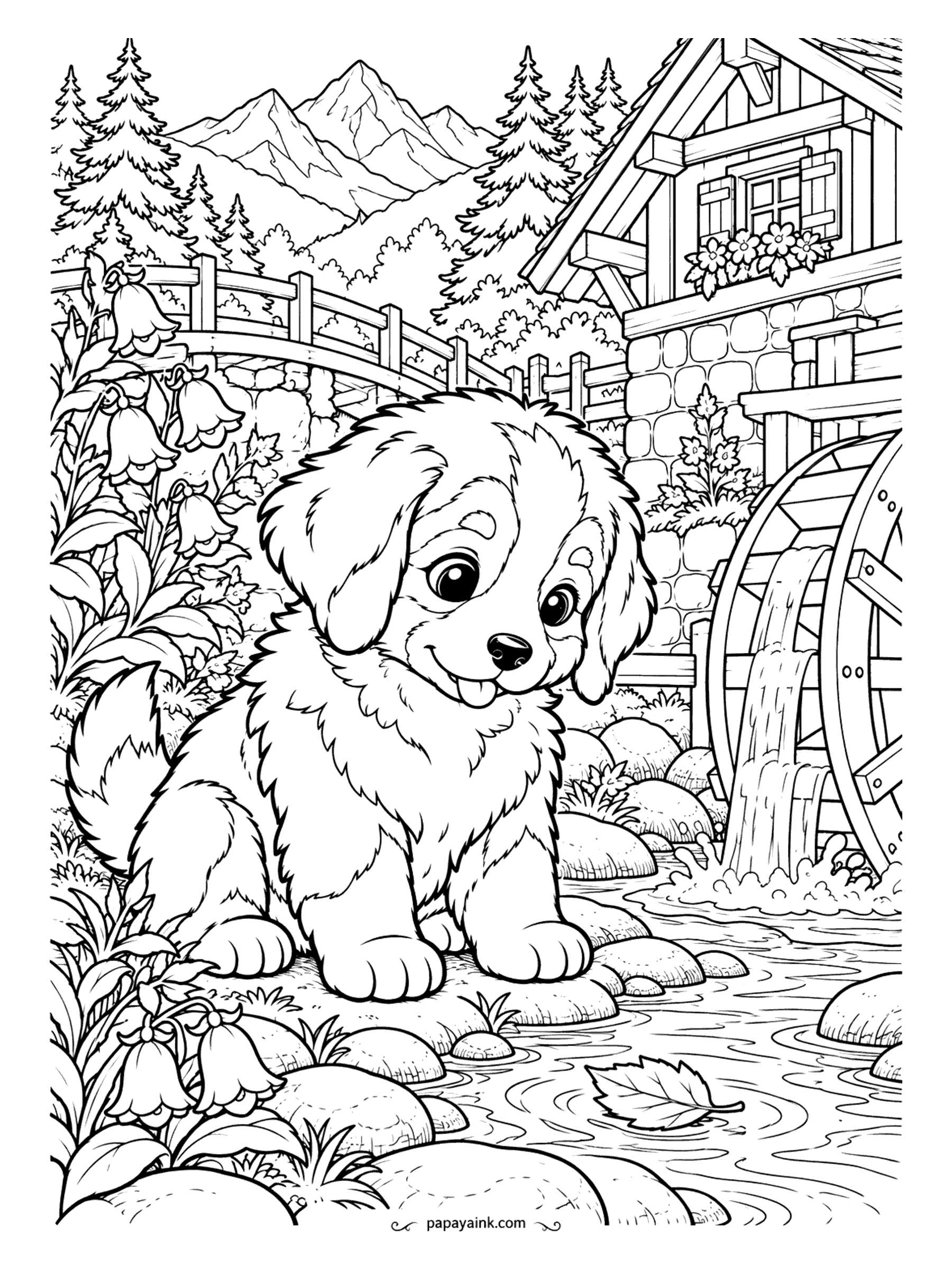 Puppy Coloring Pages - Mountain morning at the mill. A Bernese puppy sits on the stones by the stream while the waterwheel turns and bluebells crowd the bank. Alpine chalet and pines behind - a page with real distance in it, so fade the far hills lighter.