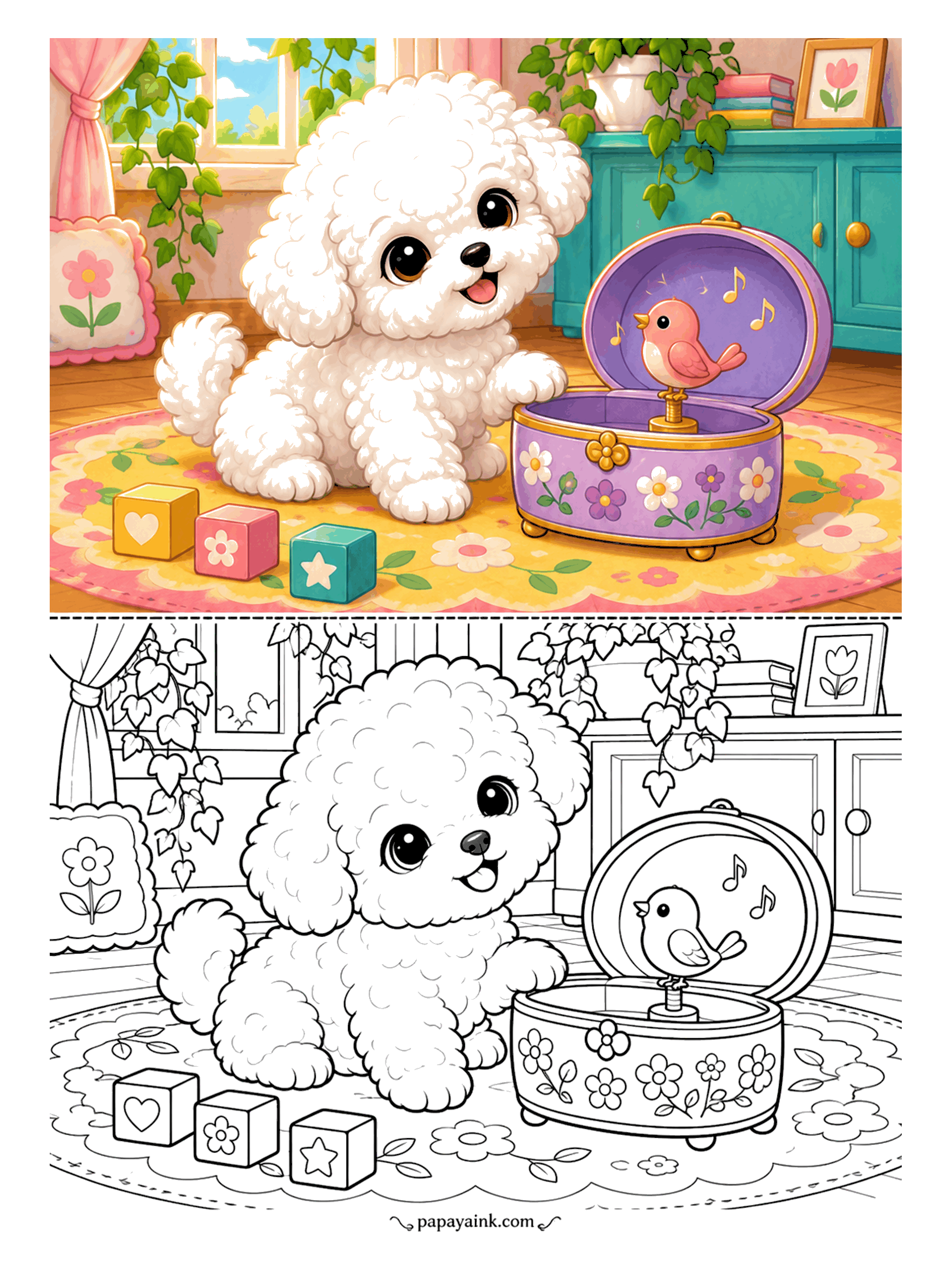 Puppy Coloring Pages - Round as a cotton ball, the Bichon Frise puppy listens to a little bird singing in the music box. Toy blocks on the round rug, ivy trailing from the shelf. Keep the puppy white and color everything around it.