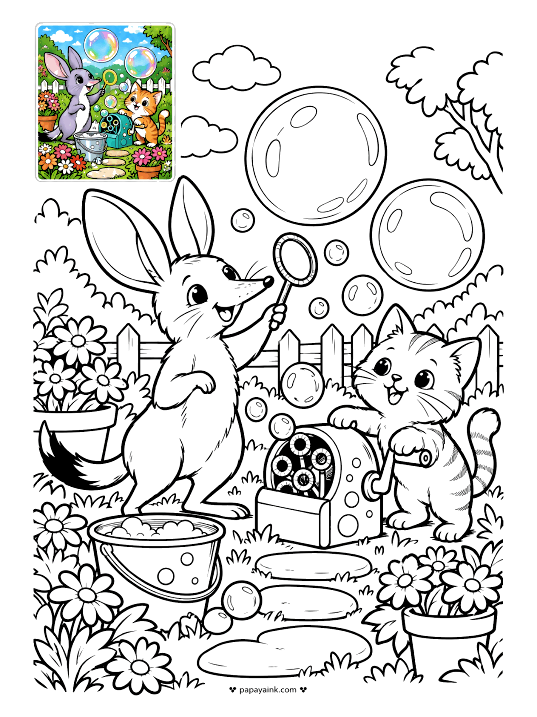 Color Guide Coloring Pages - In Australia the bilby is the Easter animal, not the bunny - those long ears explain why. Here it waves a bubble wand while a kitten cranks the bubble machine. Garden path, flower pots, big bubbles - check the sample for the soft gray-blue fur.