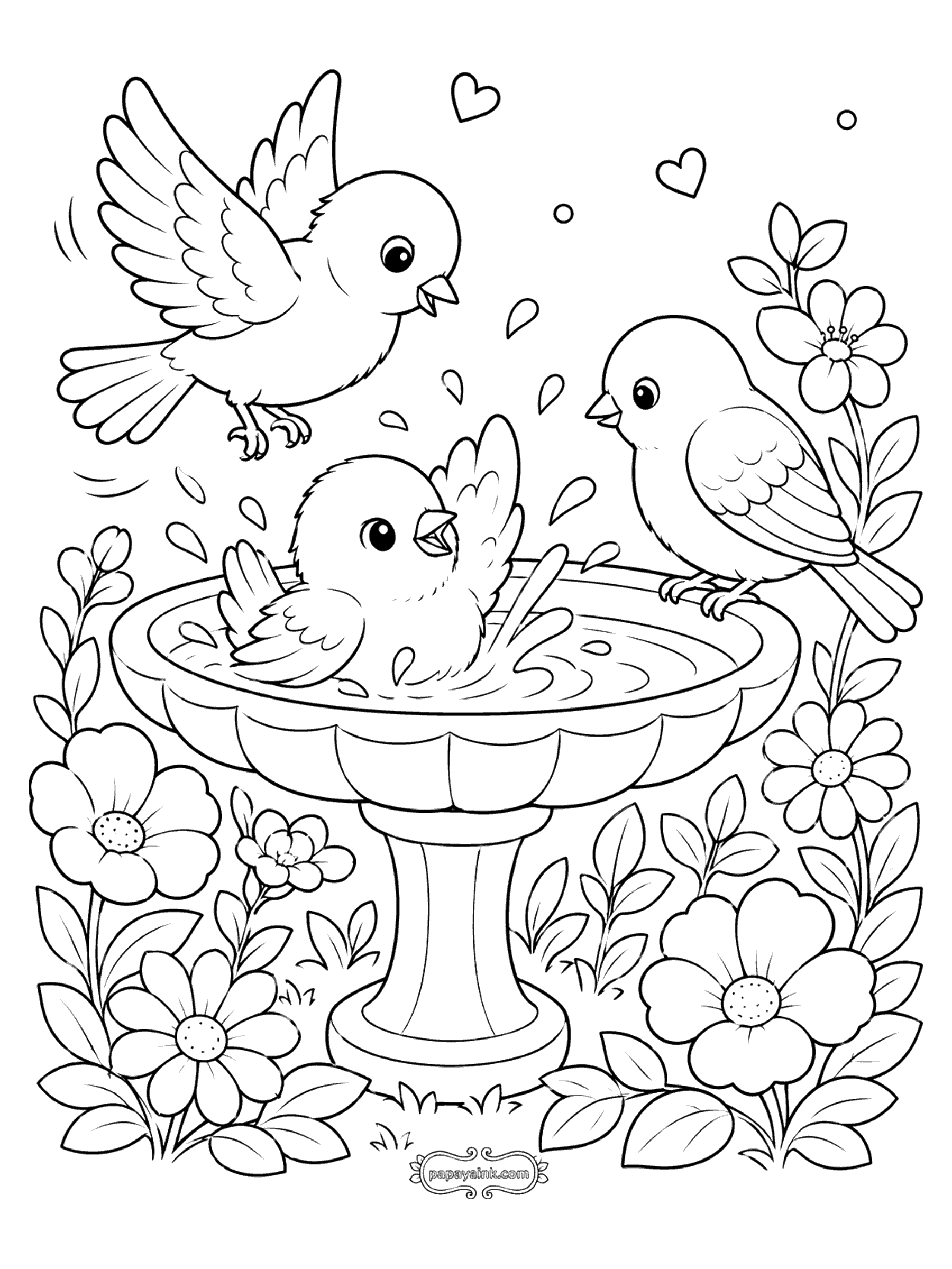 Bird Coloring Pages - Three Birds Splashing in a Bird Bath