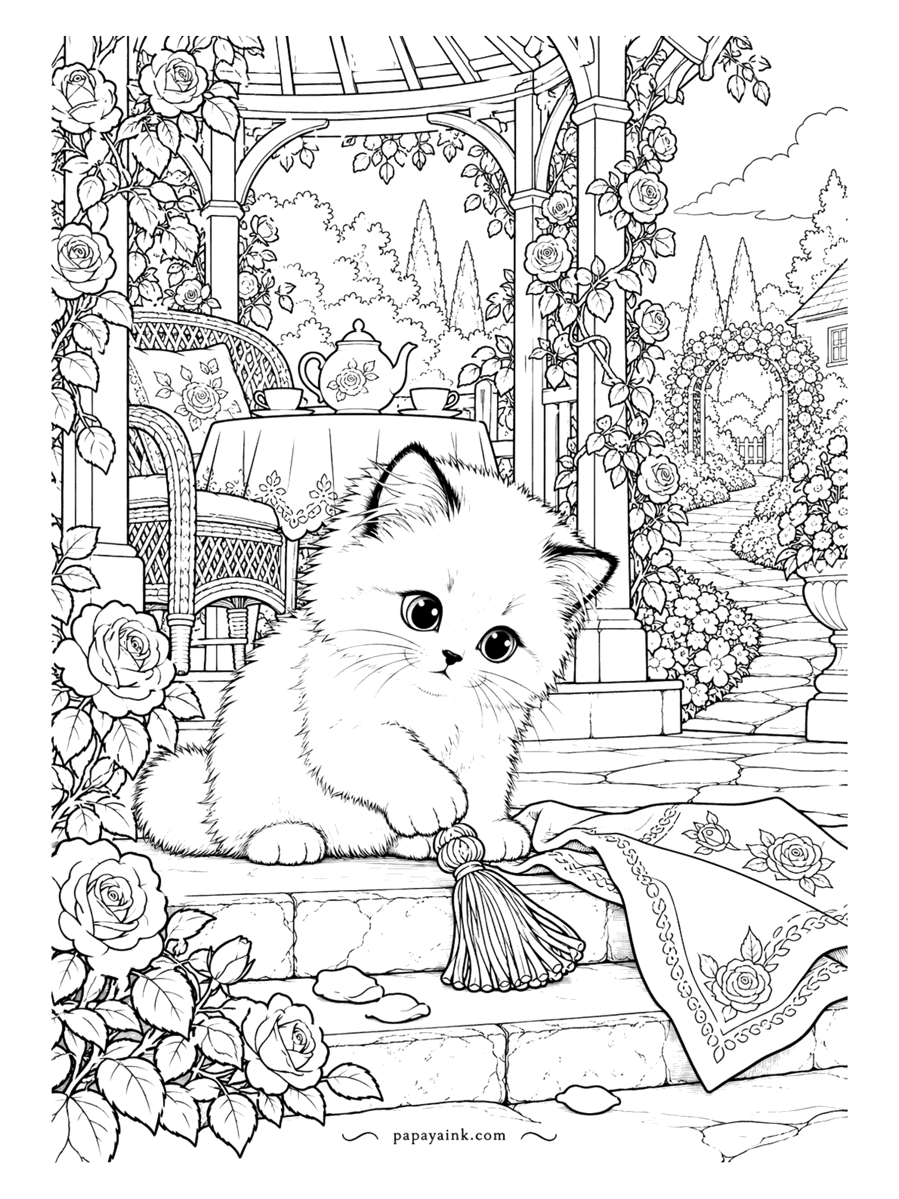 Kitten Coloring Pages - Tea is served in the rose gazebo, and the Birman kitten has chosen the tassel on the cushion over the tea. A wicker chair, a teapot on the lace cloth, roses on every post and a path to the garden arch. Roses everywhere, so settle in.