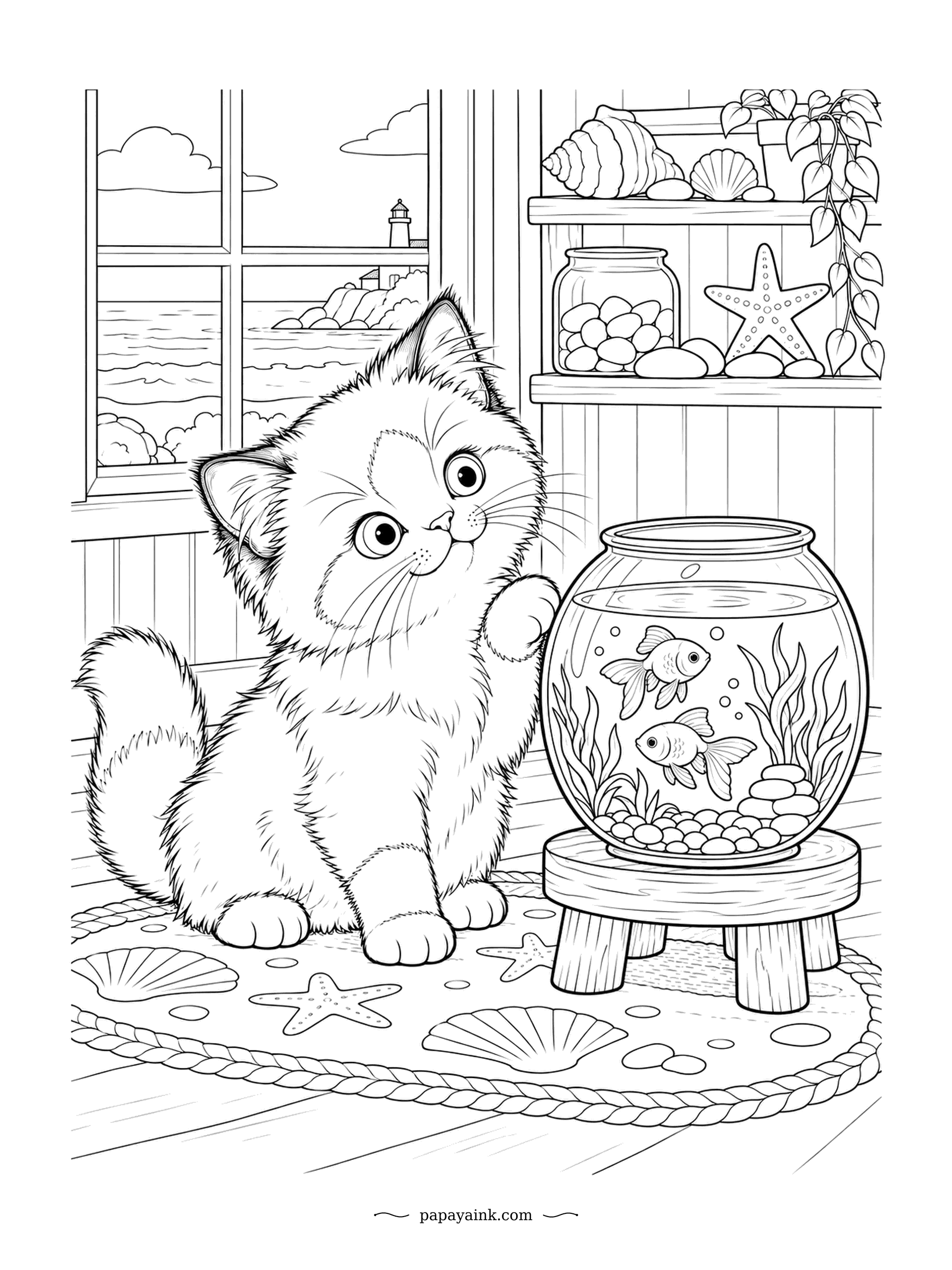 Kitten Coloring Pages - Glass between kitten and goldfish, a lighthouse out past the sill. Birmans are born almost white and the darker points on ears, mask and legs come in over the early months. White gloves on every paw are the breed signature.