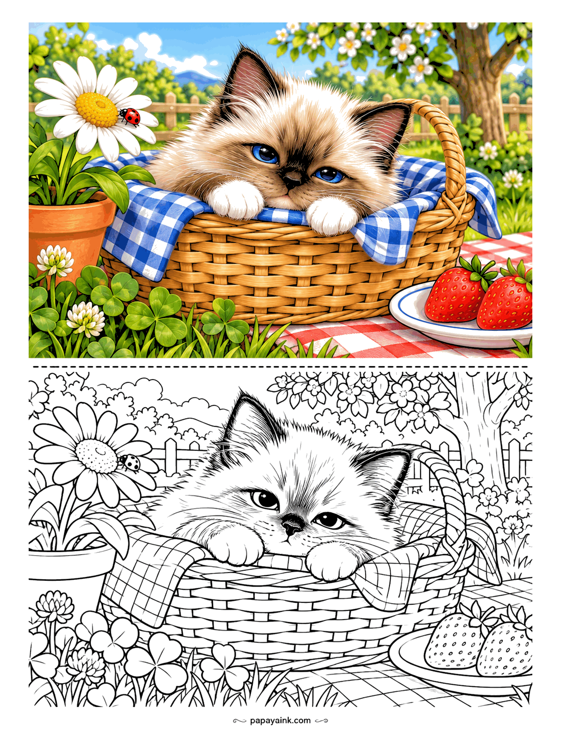 Kitten Coloring Pages - The picnic ended and the Birman kitten stayed in the basket, chin on the gingham, strawberries untouched. A ladybug on the daisy, clover below and an orchard in bloom behind the fence. Blue eyes and white mitten paws are the breed signature.