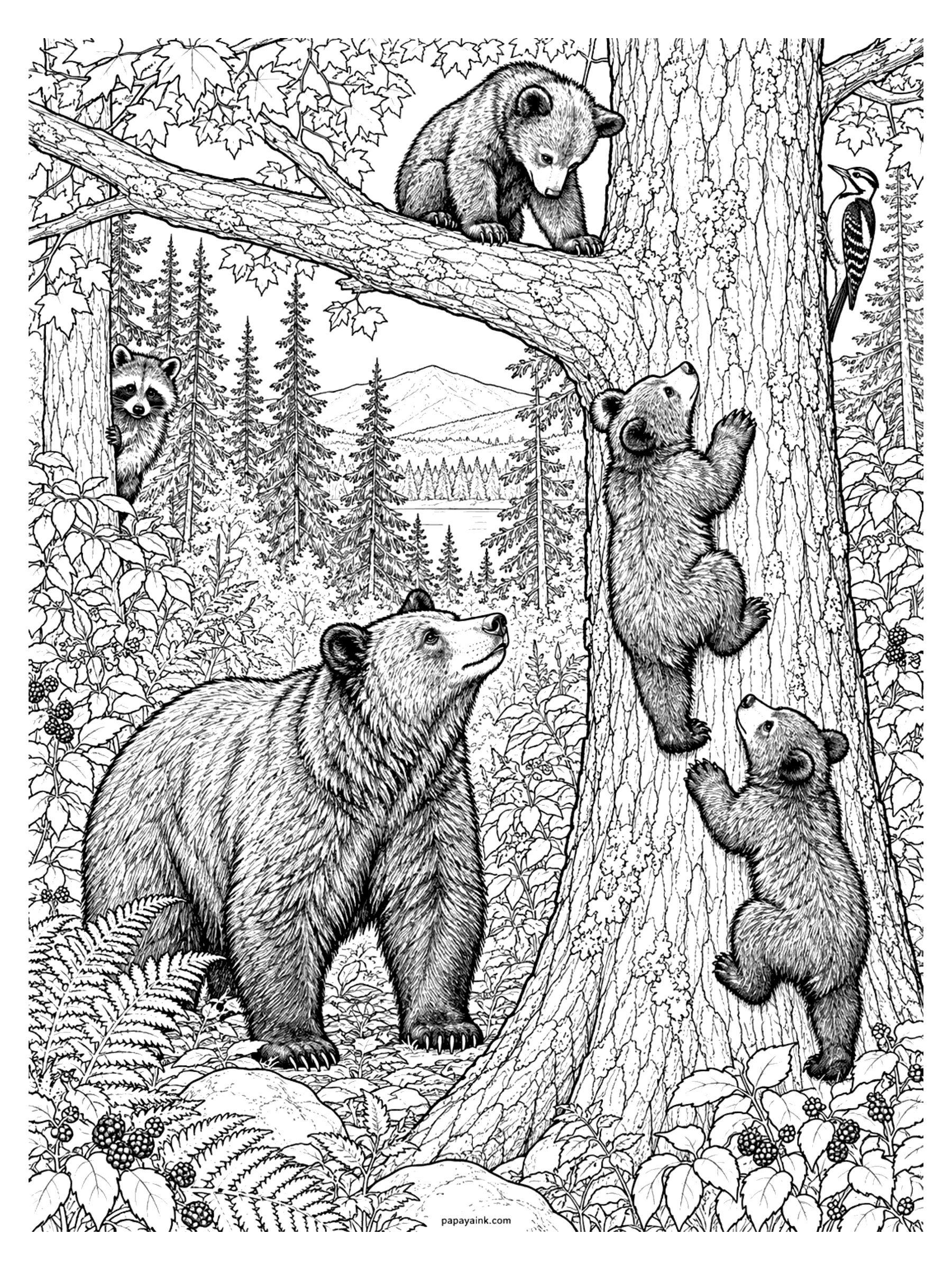 Bear Coloring Pages - Black bear coloring page: cubs scramble up a tall trunk and along a branch while mama waits below, a raccoon peeks from behind a tree and a woodpecker taps the bark. Detailed.