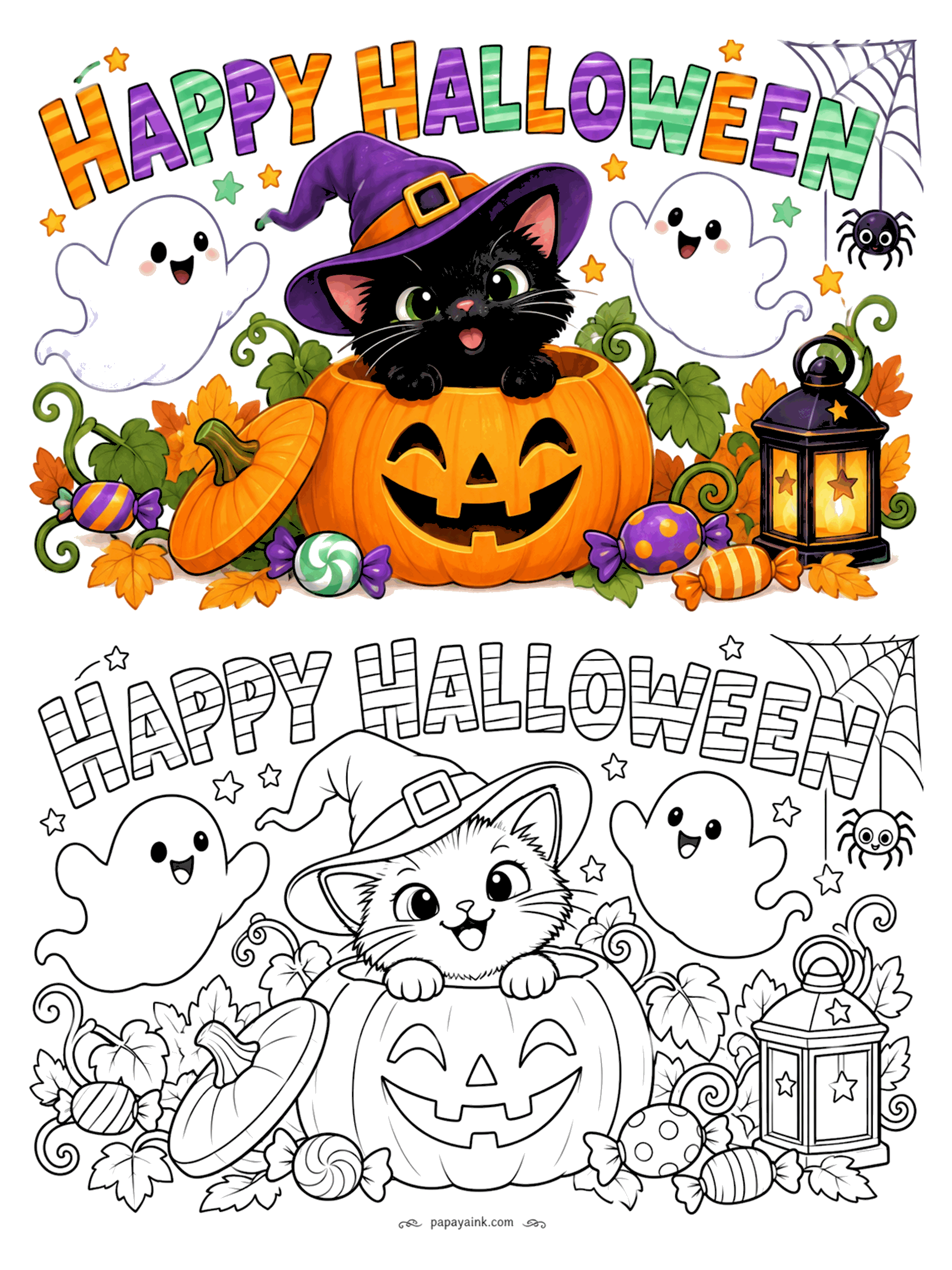 Halloween Coloring Pages - A black cat in a witch hat pops out of a carved pumpkin while two ghosts, a tiny spider and a glowing lantern keep it company. Detailed