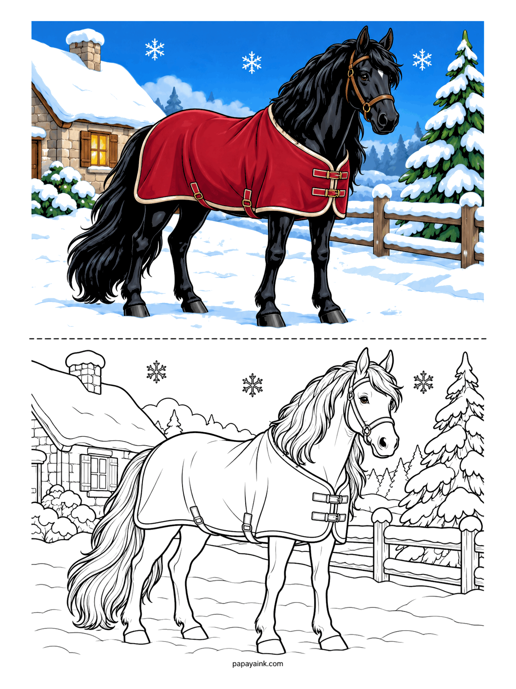 Horse Coloring Pages - Winter morning in the village. A black horse stands in deep snow in a red stable blanket with brass buckles, beside a stone cottage with one lit window and a snow-heavy spruce. Mostly white page, two strong colors - easy, and it looks like more work than it is.