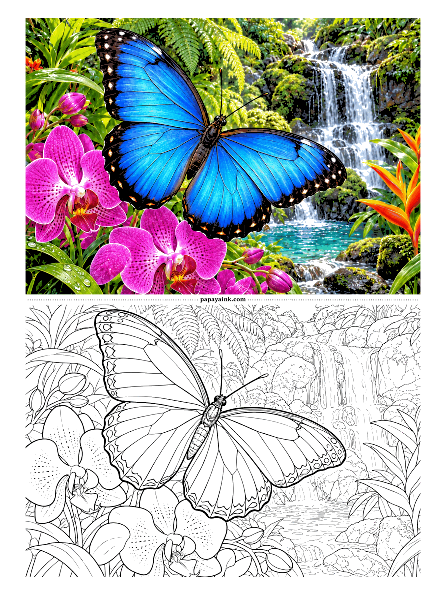 Butterfly Coloring Pages - Electric blue against white water: a blue morpho beside a rainforest waterfall, pink orchids crowding the left edge, a heliconia on the right. Save the blue for last and lay it down in two or three layers so the wing holds the page.