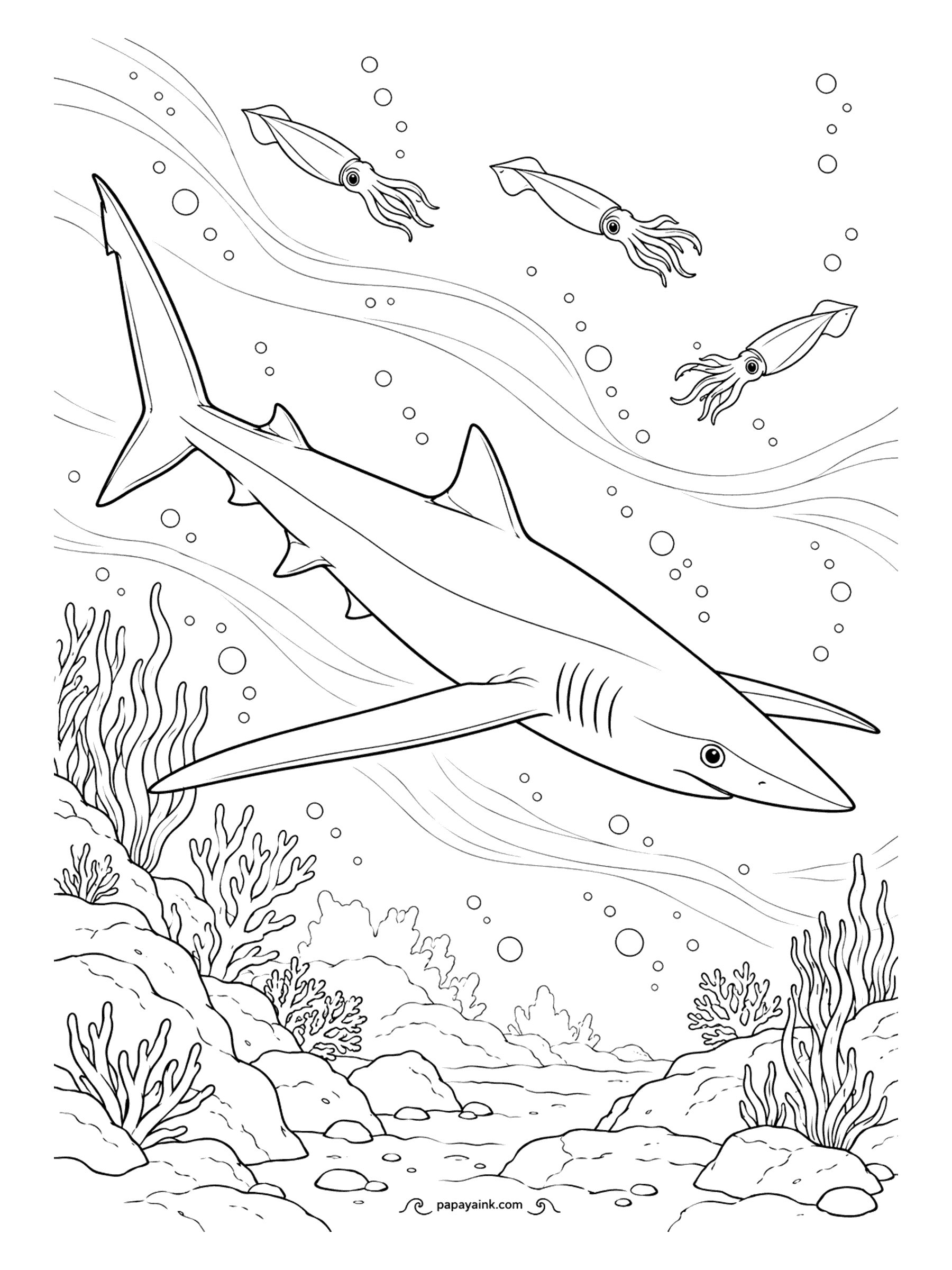Shark Coloring Pages - Squid are the blue shark's favorite food, and three of them are making a quick exit at the top. Blue sharks also have some of the biggest litters of any shark. Those extra-long pectoral fins are worth outlining in your darkest blue.