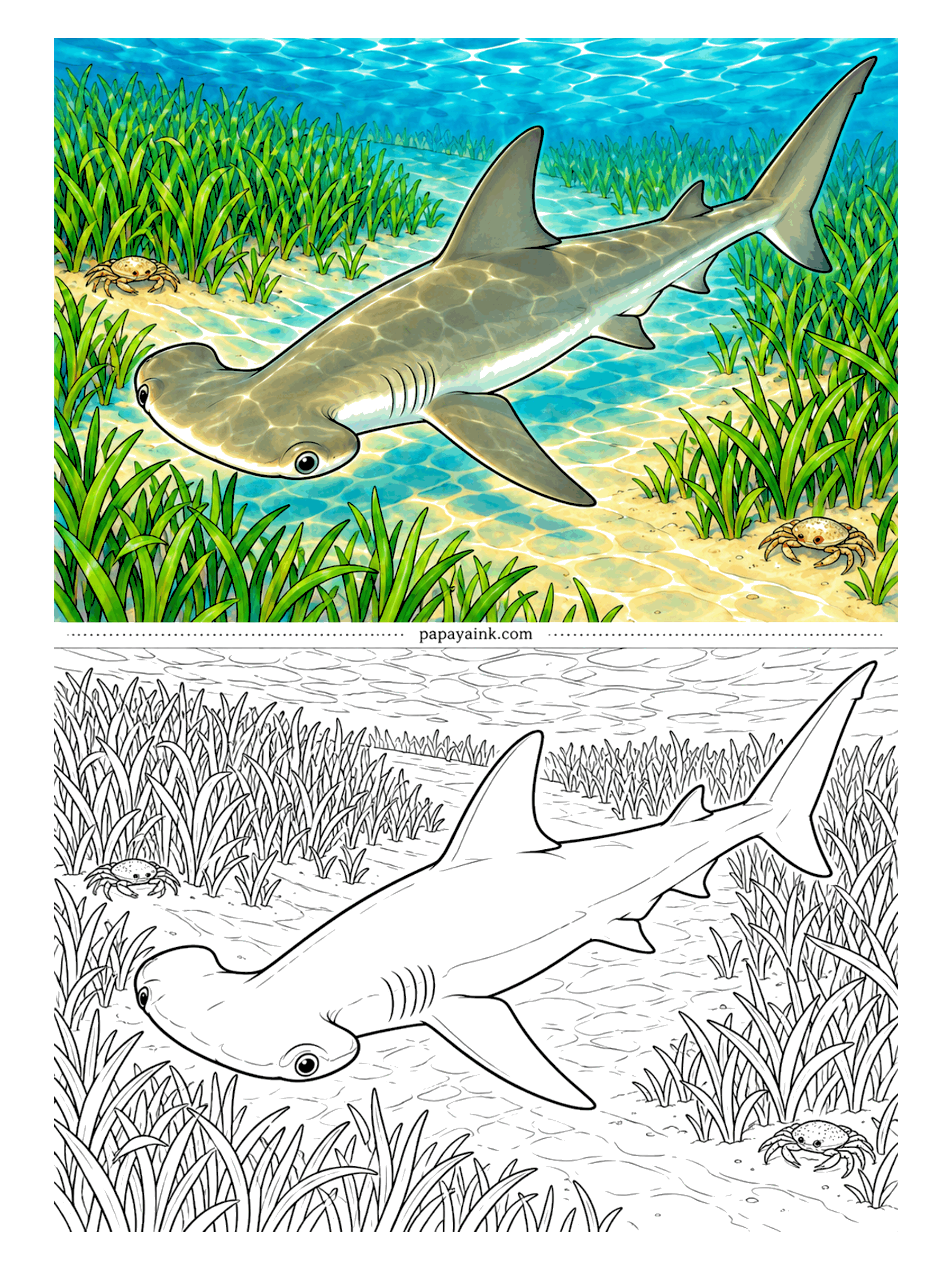 Shark Coloring Pages - Bonnetheads are the hammerheads that eat their greens. Alongside crabs and shrimp they swallow plenty of seagrass, and they really do digest it. With seagrass everywhere and crabs on the sand, greens and sand tones do most of the work here.