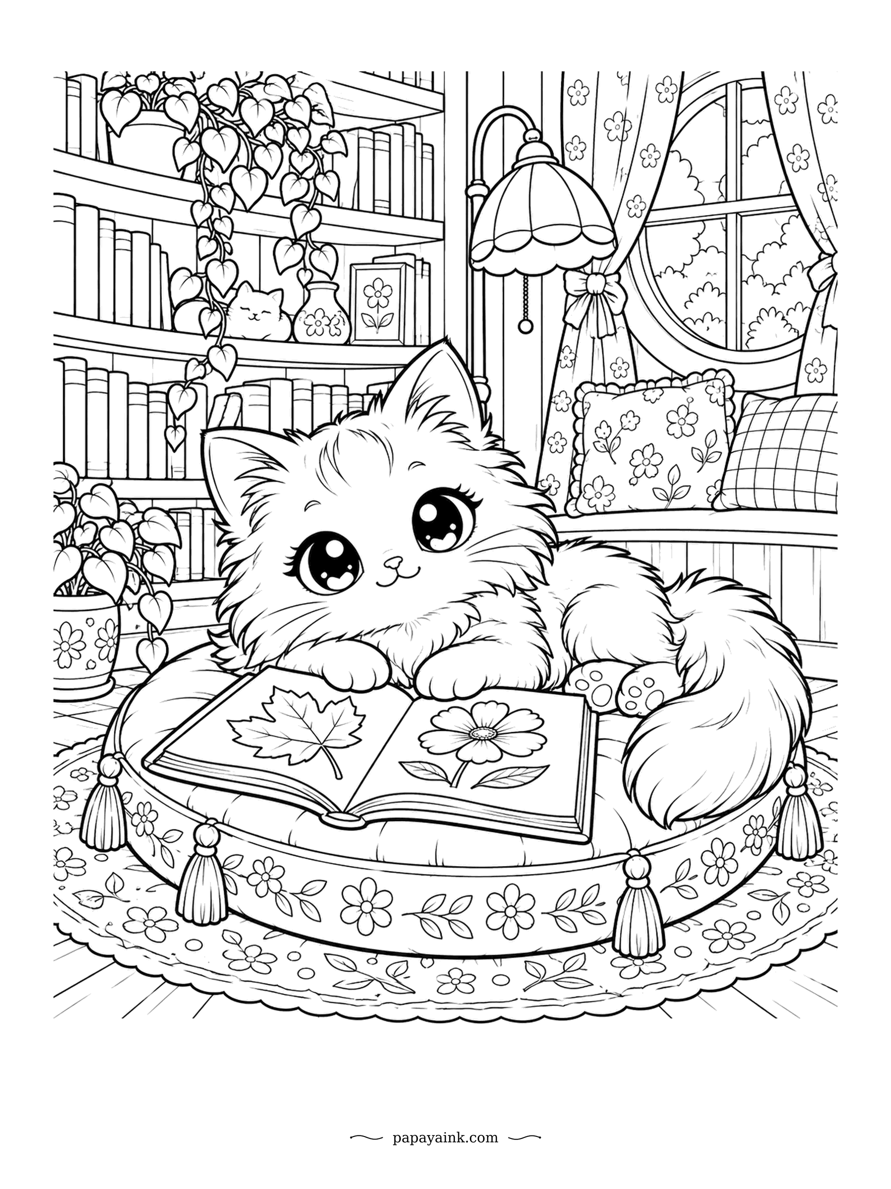 Kawaii Cat Coloring Pages - Curled up on a tasseled cushion in the corner of the bookshop, a fluffy kitten has opened a book of pressed leaves and flowers. Hanging ivy and a little lamp keep the nook cozy. Detailed - patterned carpet, curtains and full shelves.