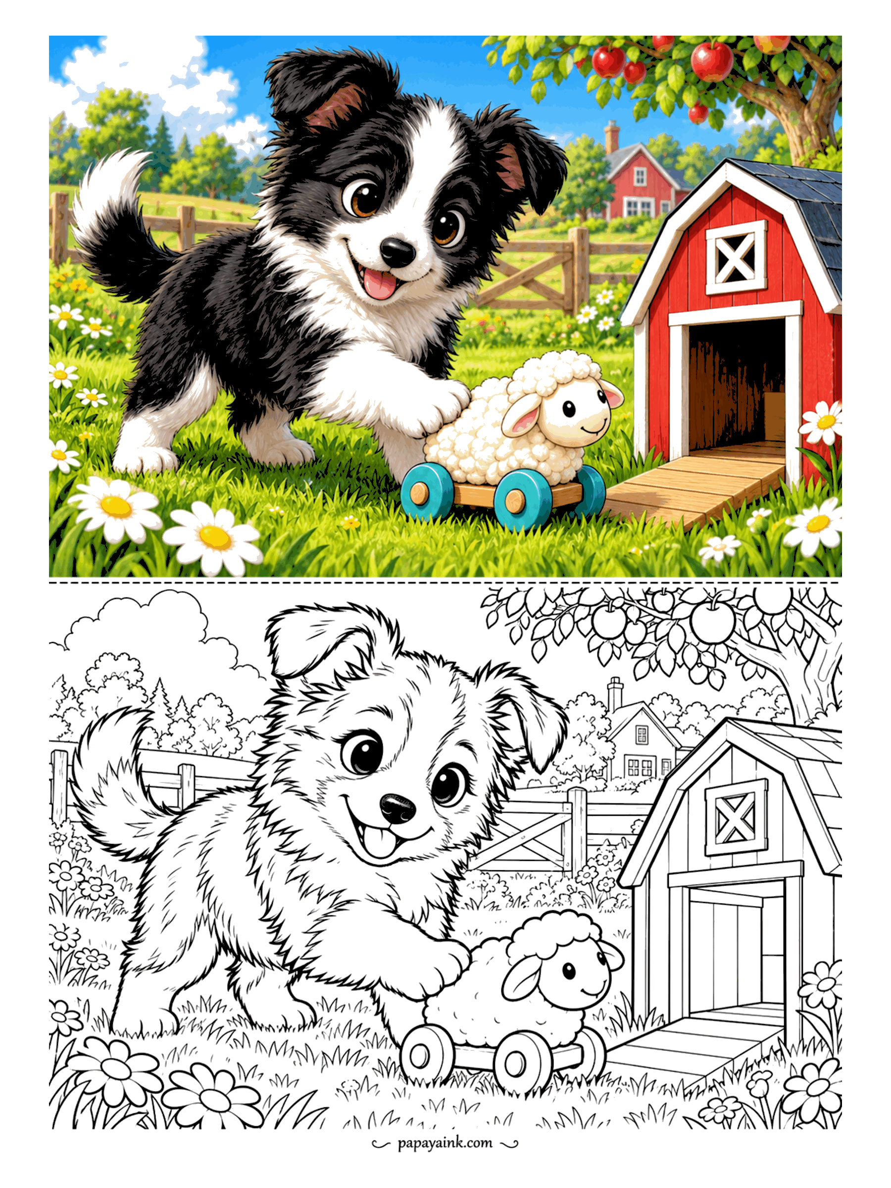 Puppy Coloring Pages - First day on the job: a border collie puppy herds a wooden toy sheep toward the red barn, and the sheep is not cooperating. Apple tree, split-rail fence, daisies in the grass. Classic farm colors, nothing tricky.