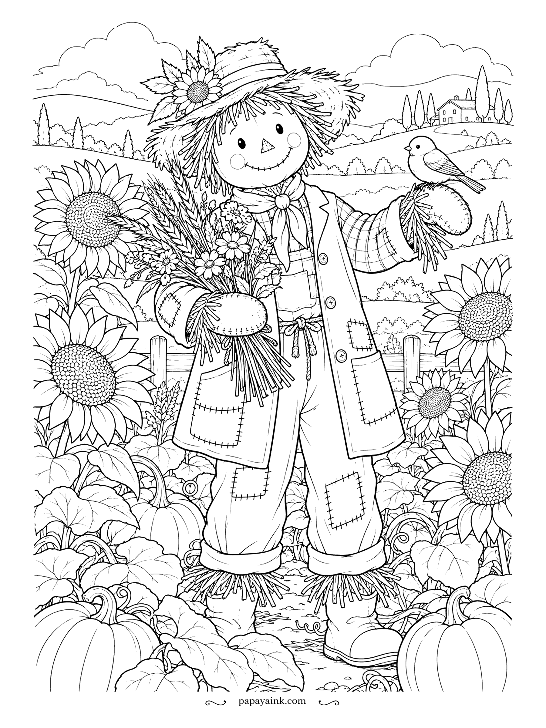 Scarecrow Coloring Pages - Drawn with the fine detail of a botanical print: every sunflower seed head, wheat ear and pumpkin leaf. The scarecrow holds an armful of wheat and wildflowers, a songbird resting on his glove. Detailed - sharp pencils help.