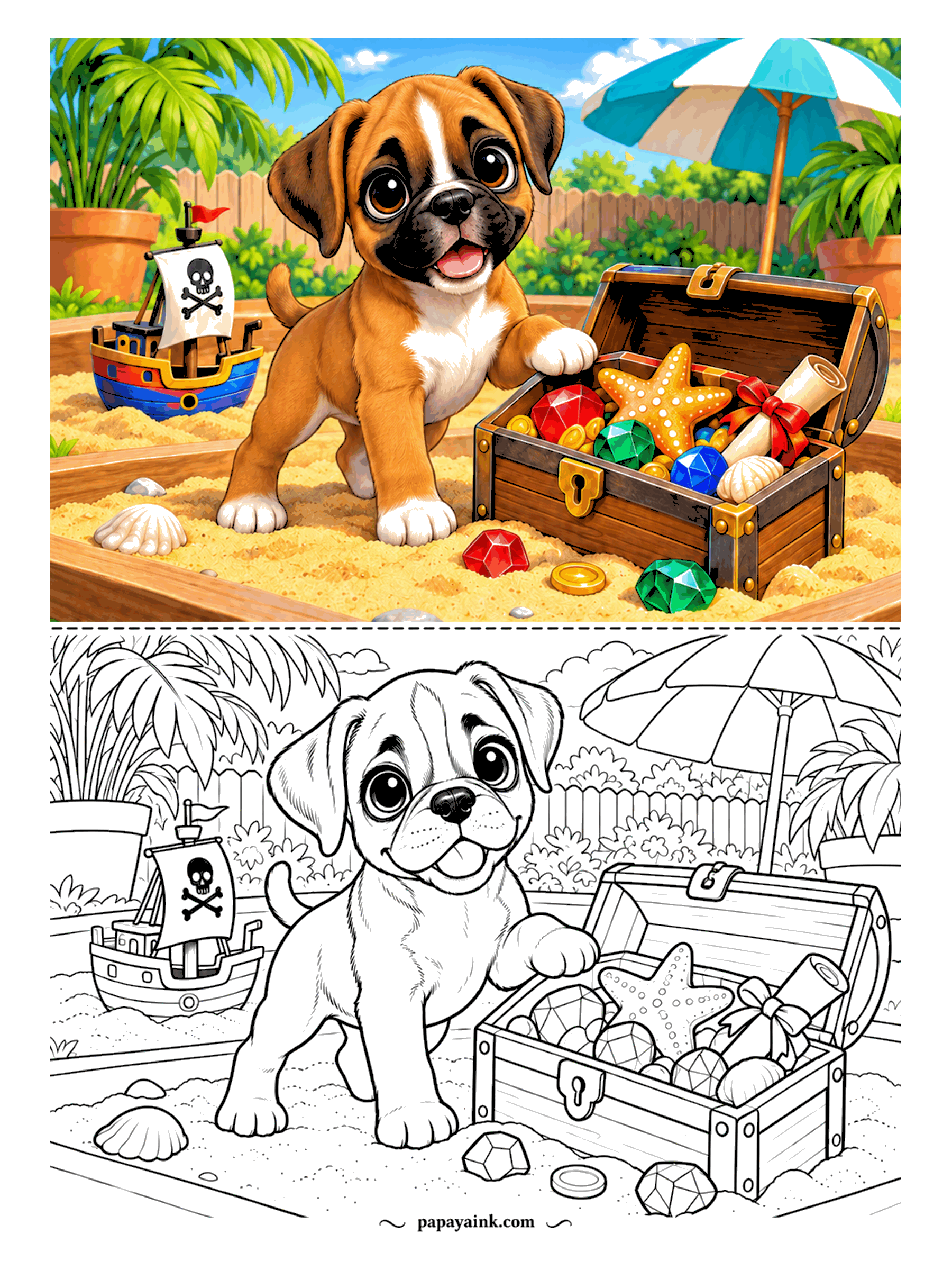 Puppy Coloring Pages - Treasure found. A boxer puppy has dug up a chest of gems, coins and a starfish in the sandbox, with a toy pirate ship moored nearby. Jewel tones against plain sand - a fun page for bright markers.