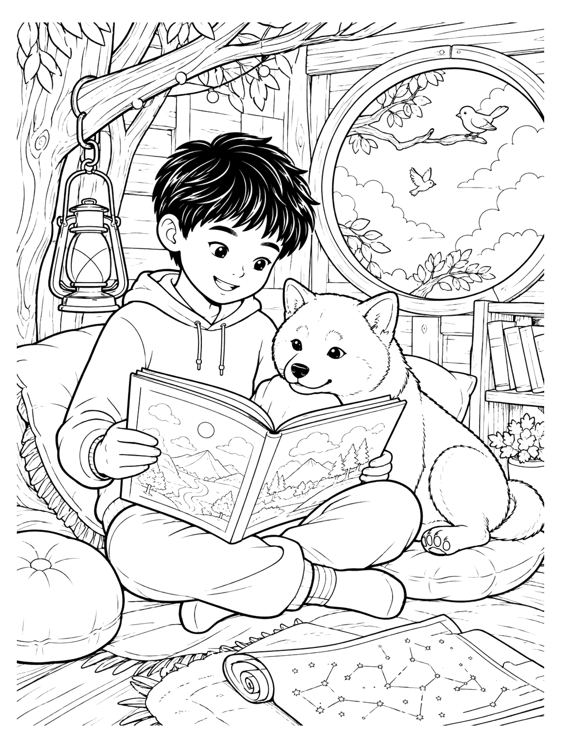 Puppy Coloring Pages - Boy and Puppy Coloring Page: Reading in the Treehouse with a Shiba Inu