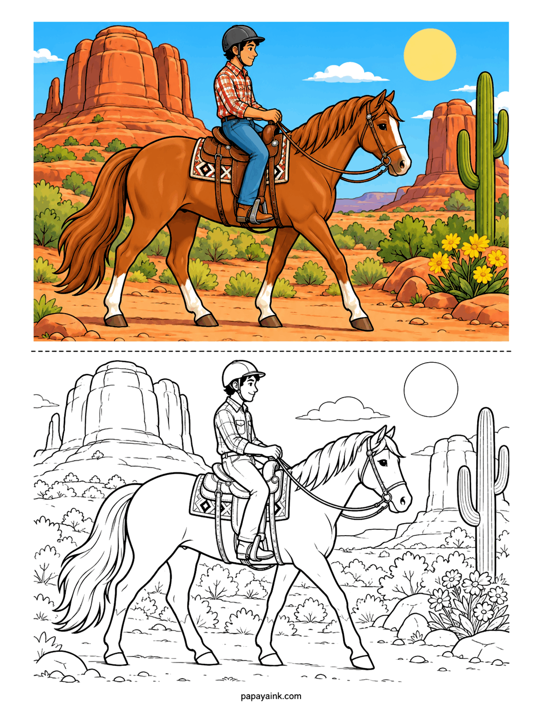 Horse Coloring Pages - Red rock country at midday. A boy in a plaid shirt and riding helmet walks his chestnut past a saguaro and a clump of yellow desert flowers, with buttes and a flat-topped mesa stacked behind. The saddle blanket has a woven diamond pattern worth slowing down for.
