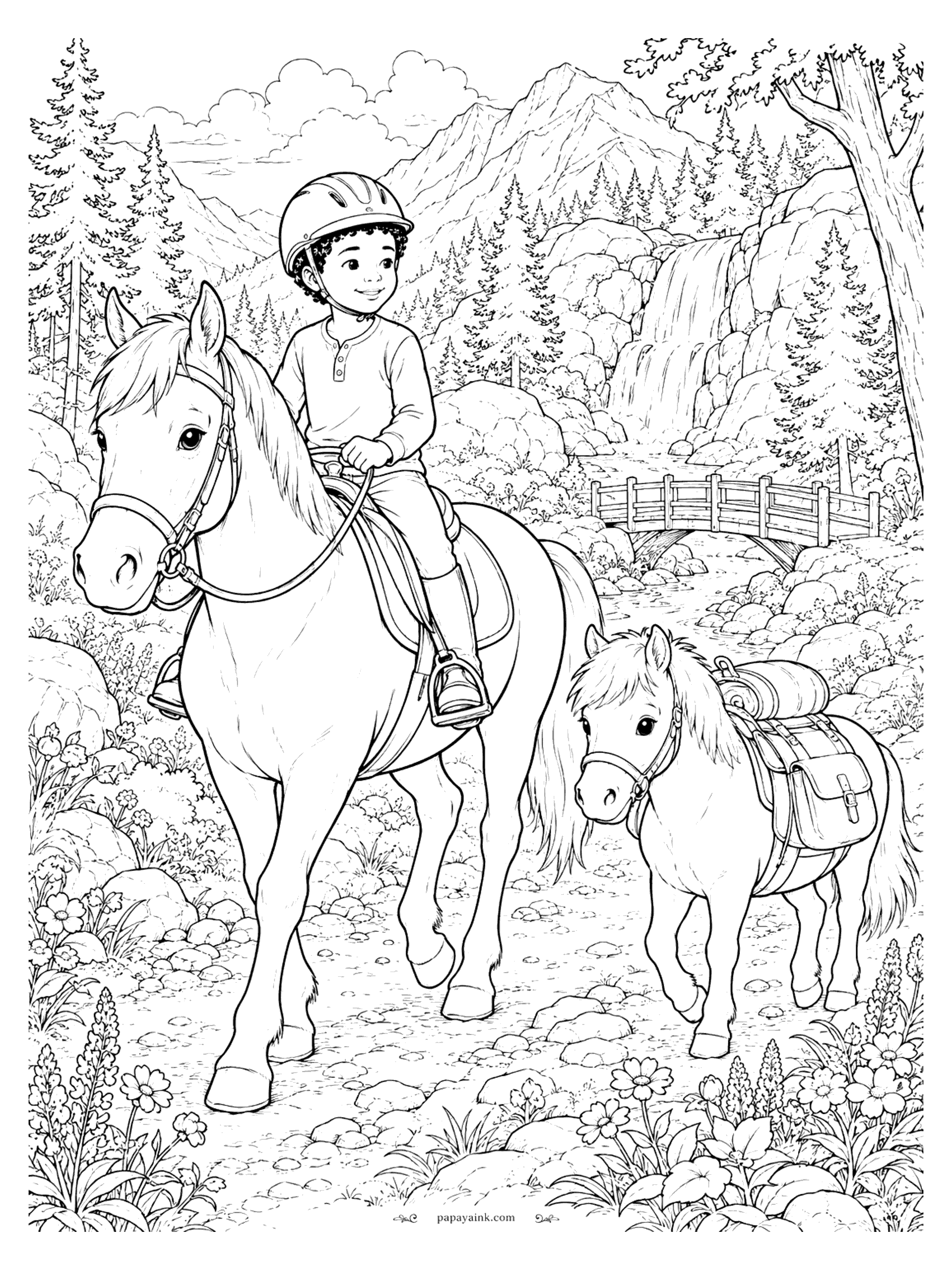 Horse Coloring Pages - A boy rides a horse along a mountain trail past a waterfall and a footbridge, with a shaggy pack pony trotting alongside. Detailed.