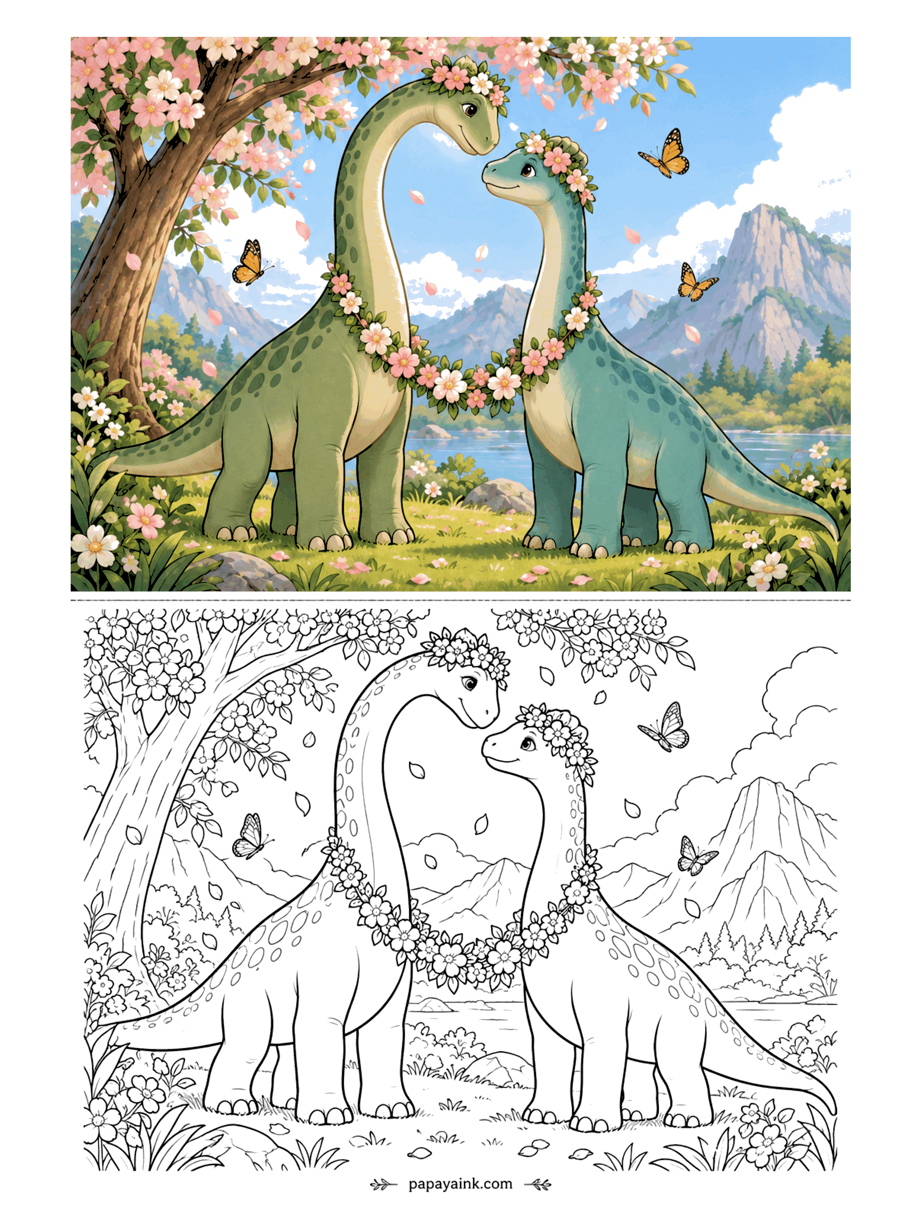 Cute Dinosaur Coloring Pages - A pair of long-necked dinosaurs in flower crowns share a garland under a cherry tree. A romantic cute dinosaur coloring page with petals, butterflies and mountains.