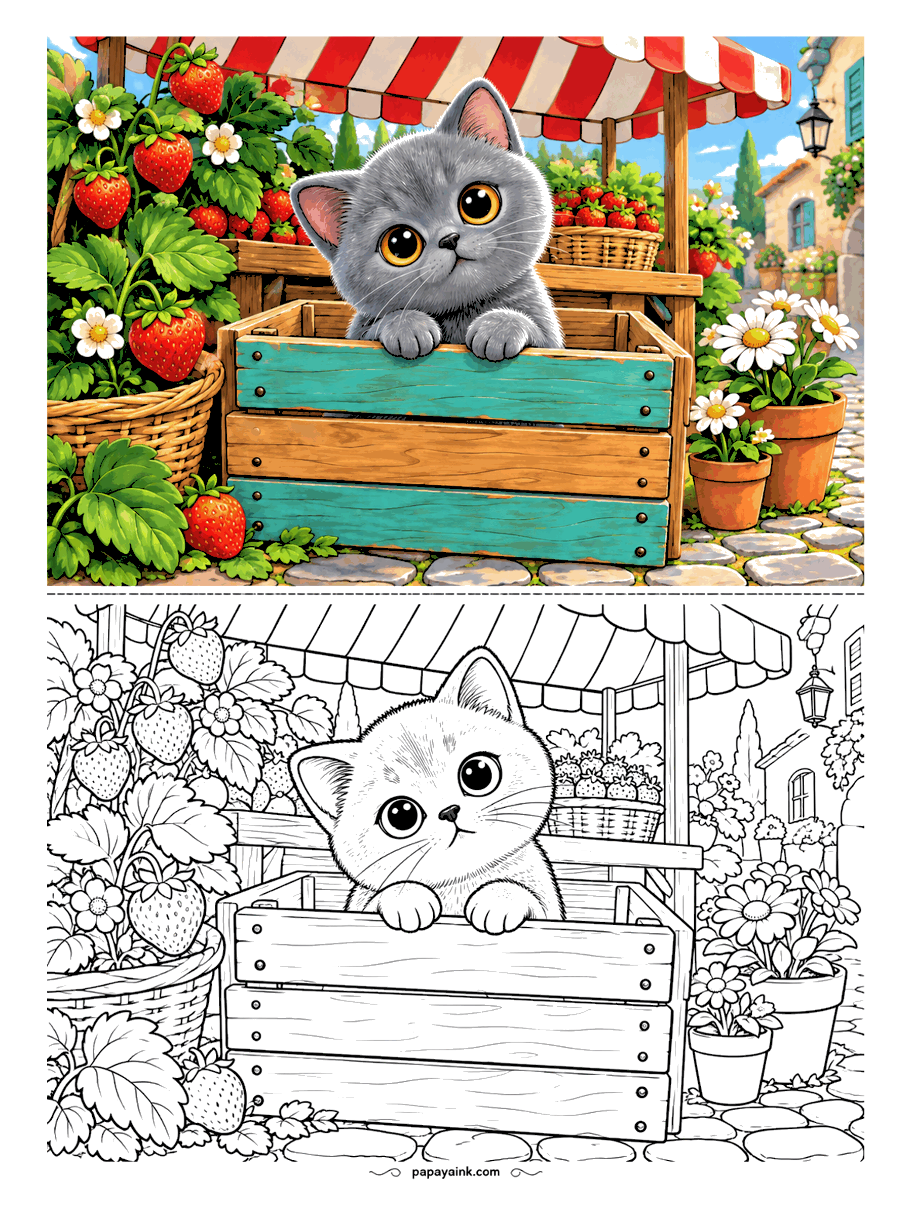 Kitten Coloring Pages - The British Shorthair at the strawberry stall is minding the crate, not the strawberries, or so it says. Red-and-white awning, baskets of fruit, potted daisies and a cobbled lane behind. The berries are the easy part; the stone pavement rewards patience.