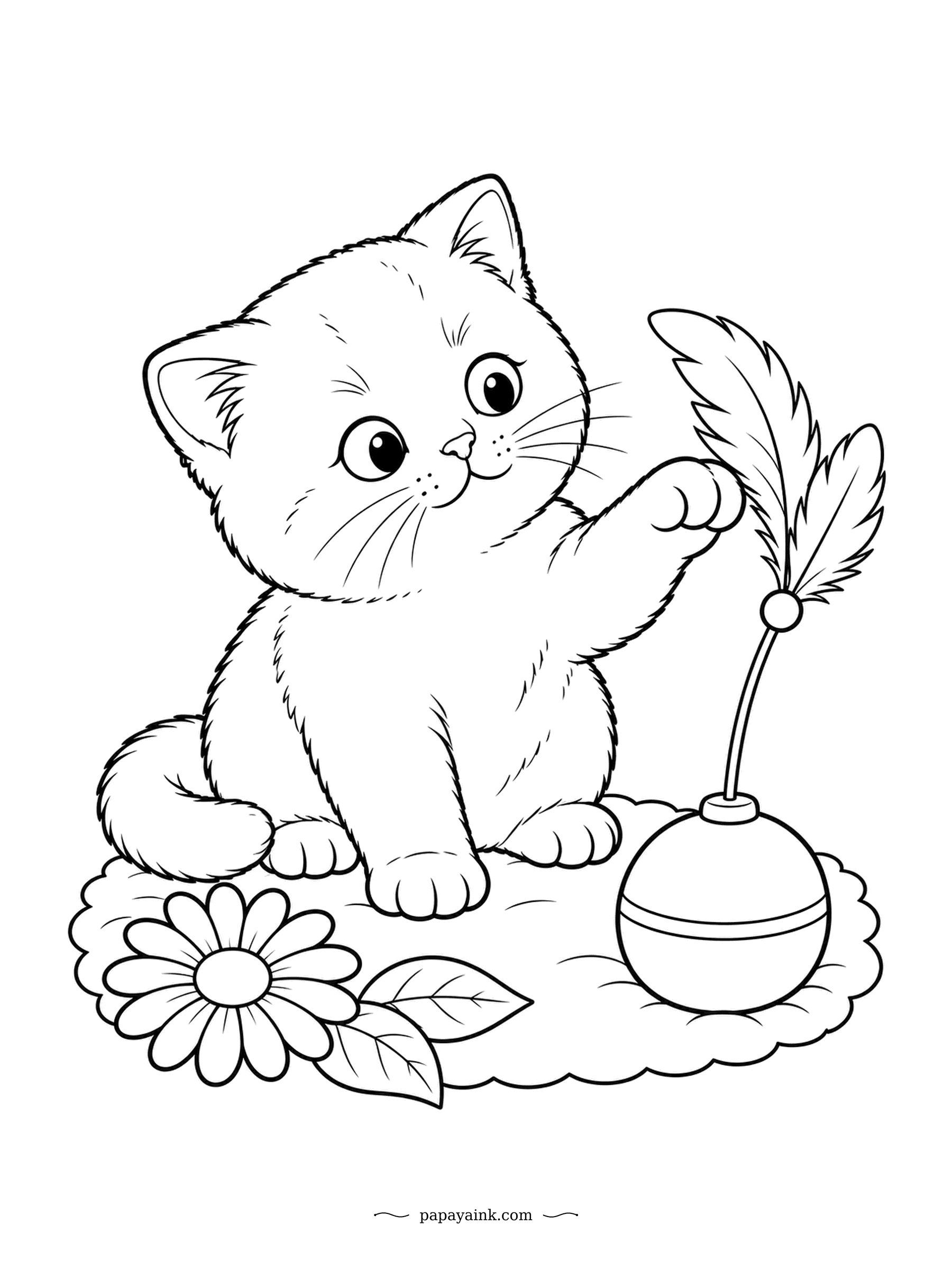Kitten Coloring Pages - The wobble toy tips, the feather sways, the paw follows. British Shorthair kittens are chubby from the start: round head, big eyes, no corners anywhere. One kitten, one toy, a daisy and a leaf - the easiest sheet on this page.