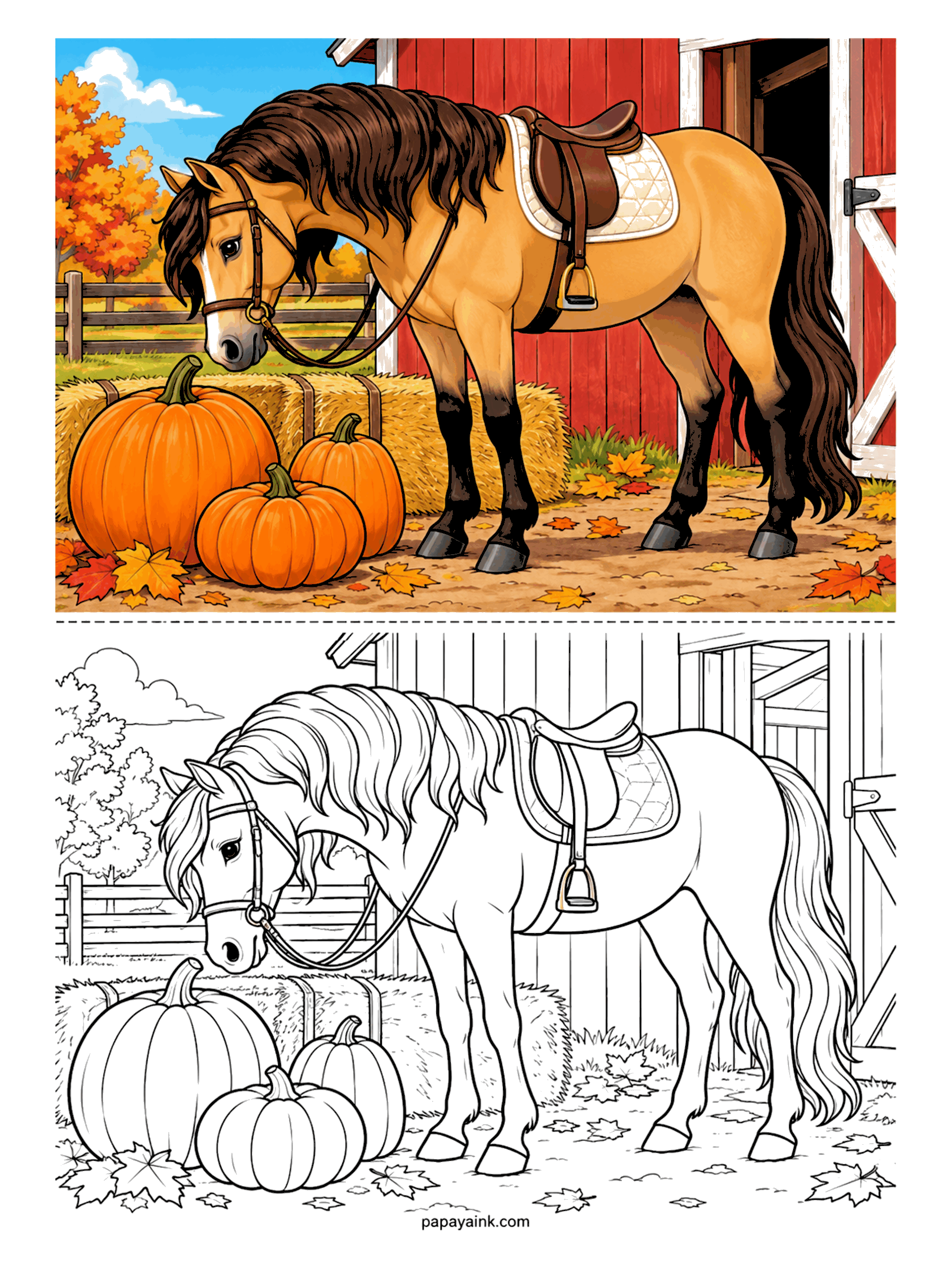 Horse Coloring Pages - Fall at the barn: a saddled buckskin noses toward three fat pumpkins stacked against a hay bale, red boards behind, leaves drifting down. Buckskin means a tan body with black mane, tail and legs - the sample shows exactly where the dark begins.
