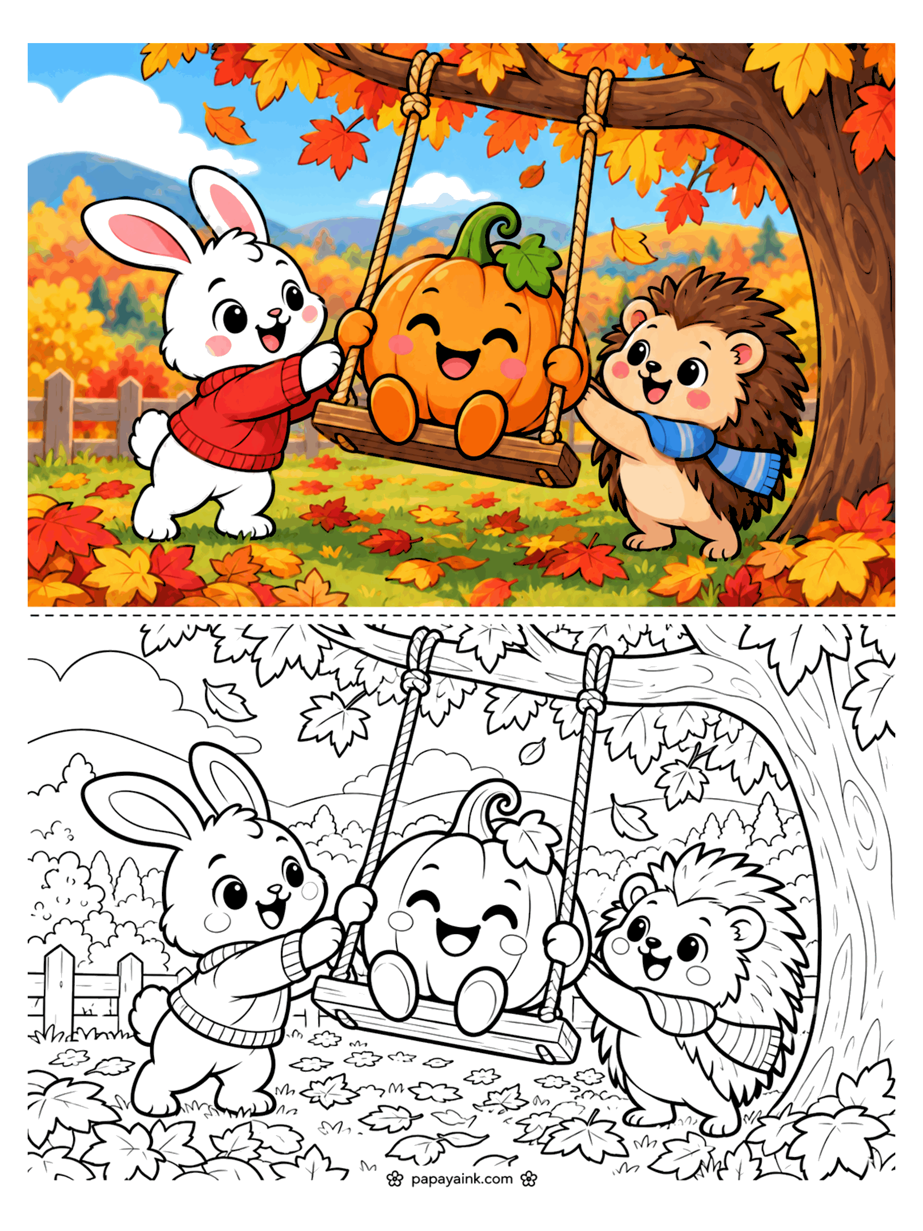 Pumpkin Coloring Pages - A bunny in a sweater and a hedgehog in a scarf push a giggling pumpkin on a rope swing under a maple tree full of autumn leaves.