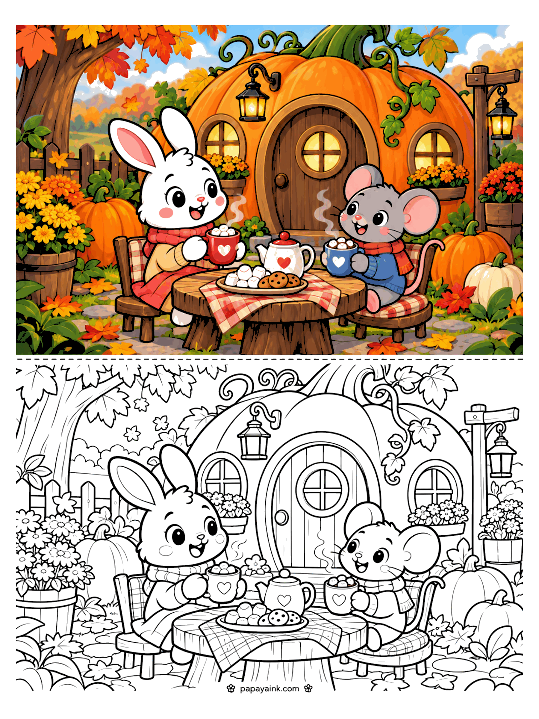 Pumpkin Coloring Pages - A bunny and a mouse sip cocoa with marshmallows at a checkered table outside a pumpkin house with round windows, lanterns, and pots of chrysanthemums. Detailed.
