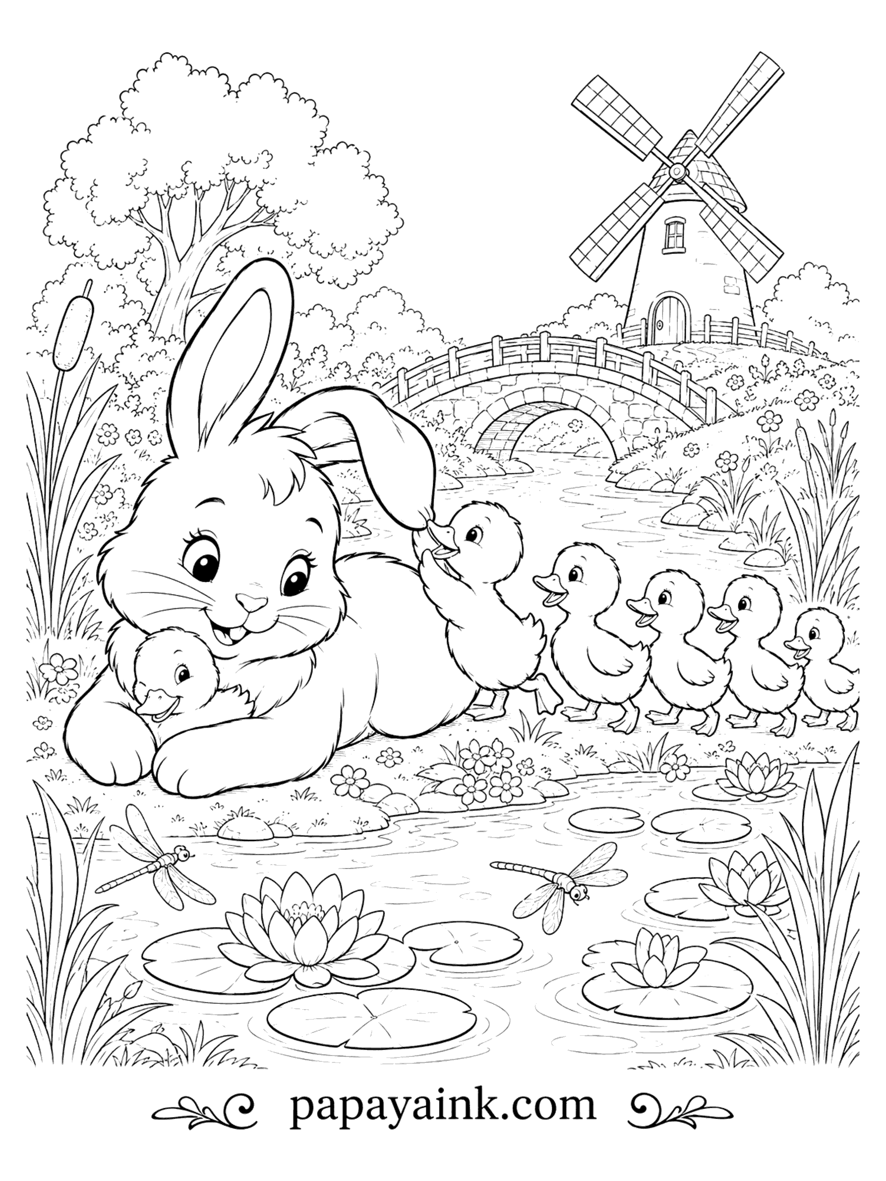 Bunny Coloring Pages - Bunny cuddling ducklings by the pond with a stone bridge and a windmill