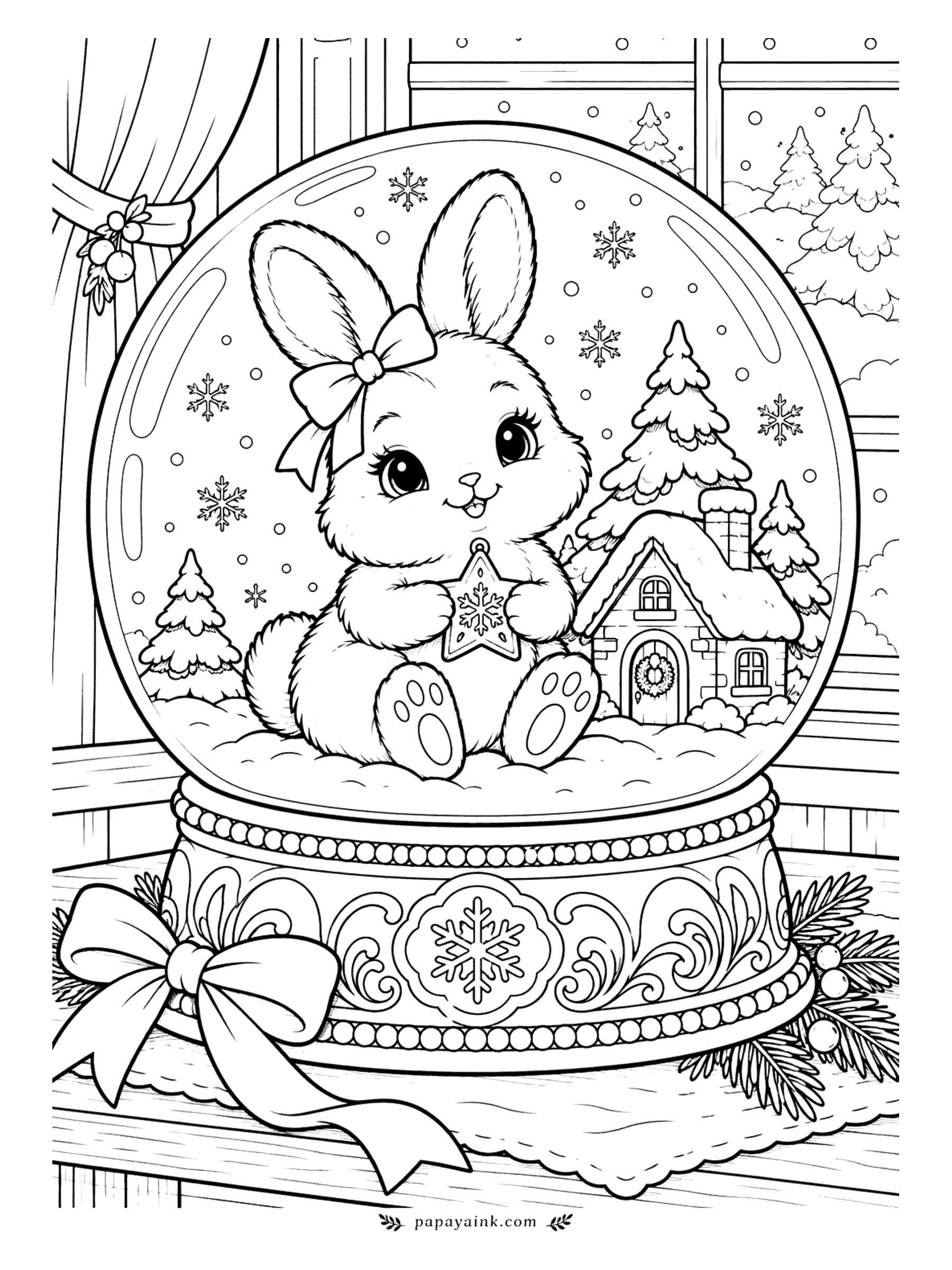 Bunny Coloring Pages - Shake it and the snow falls on a tiny cottage, a pair of fir trees and a bunny holding a star ornament. The globe sits on a carved base tied with a ribbon, right by a frosty window. Icy blues inside the glass, warm wood outside it.