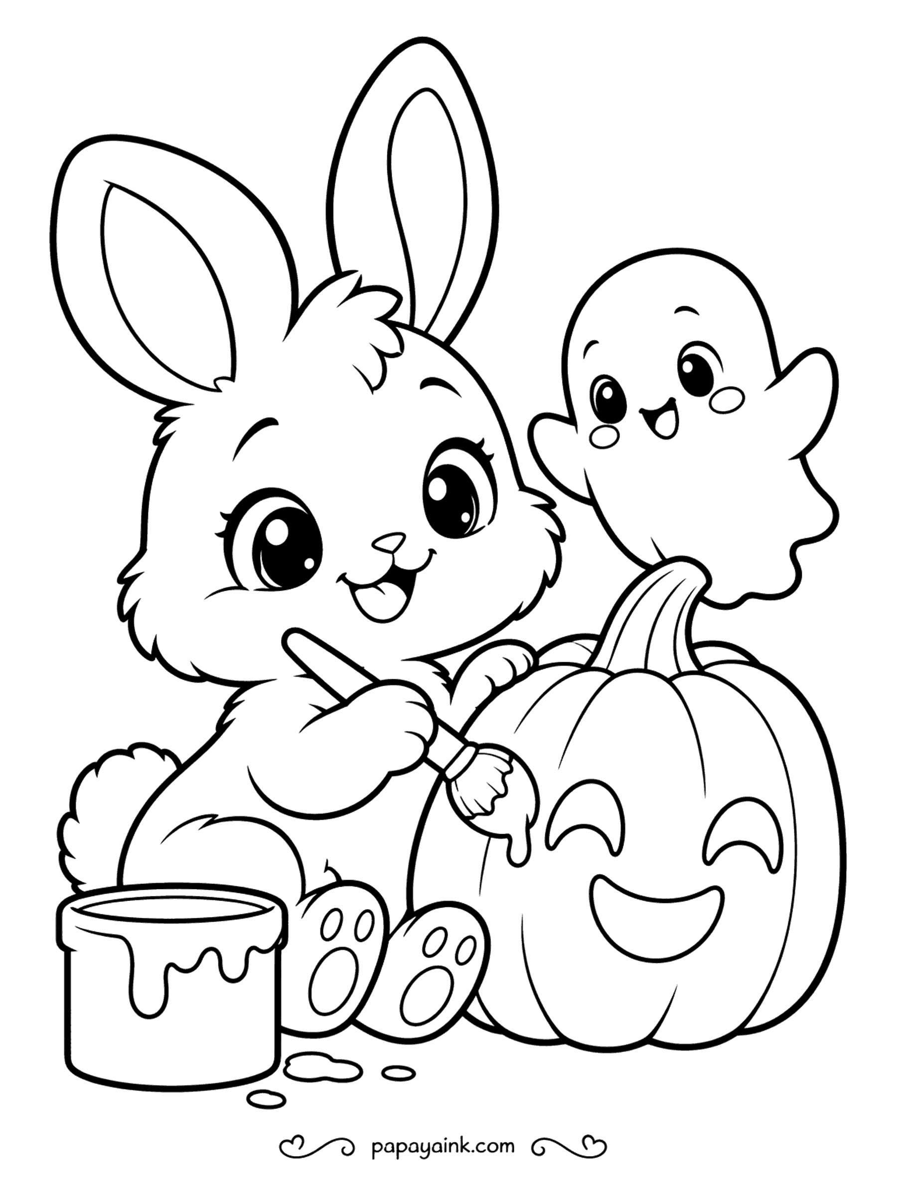 Easy Cute Halloween Coloring Pages - Paintbrush in paw, the bunny is giving a plain pumpkin its jack-o-lantern face while a paint can drips beside it and a ghost looks on. Color the pumpkin first, then decide what color the paint should be.