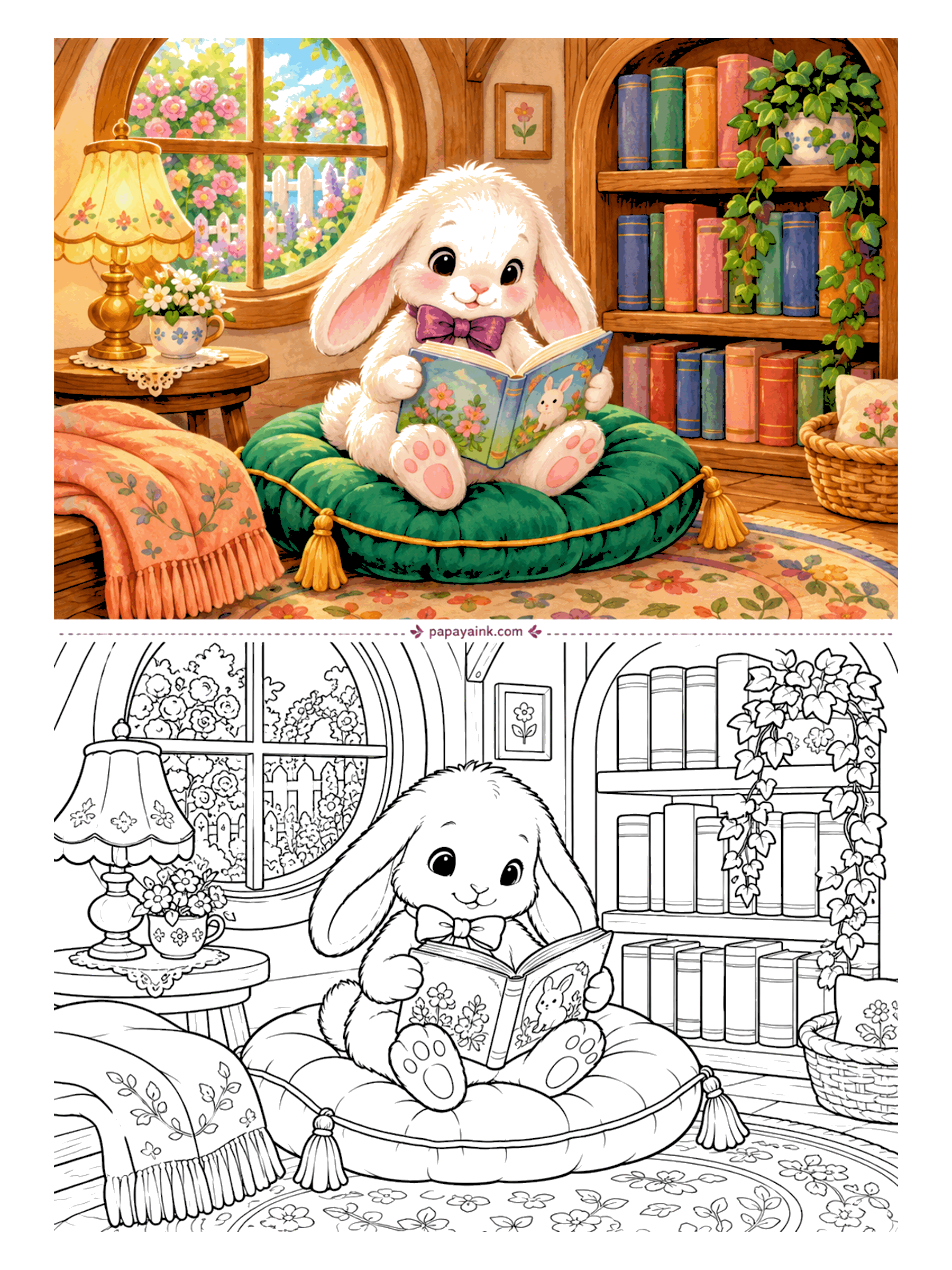 Bunny Coloring Pages - Green velvet cushion, tall shelves, and a picture book with a bunny on the cover - she has good taste in heroes. Trailing ivy, a fringed shawl and a round window onto the garden fill in the room. Detailed - the rug and shawl carry fine patterns.