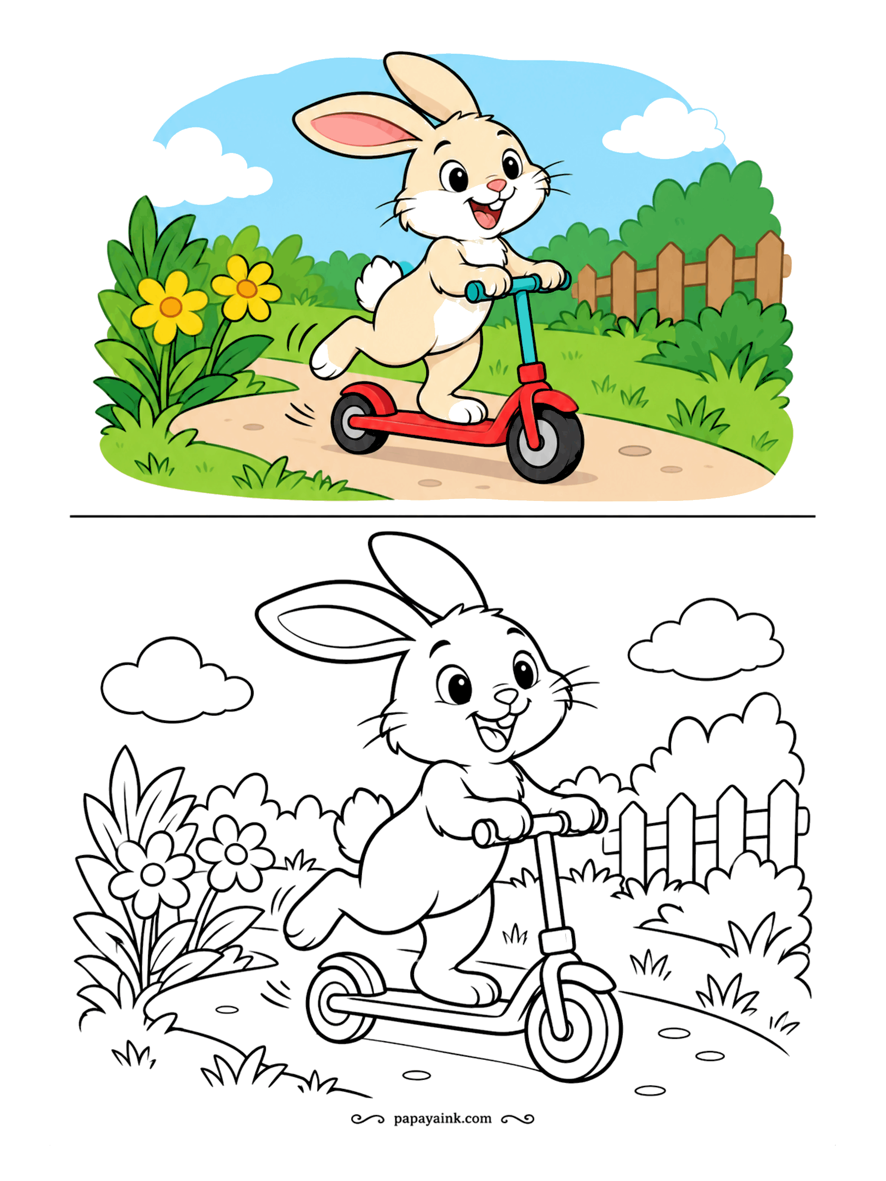 Copy Coloring Pages - Full speed down the garden path on a red scooter, ears streaming back. The bunny passes flowers, a picket fence and clouds overhead. Cream fur and pink inner ears, then the brightest red in the box for the scooter.