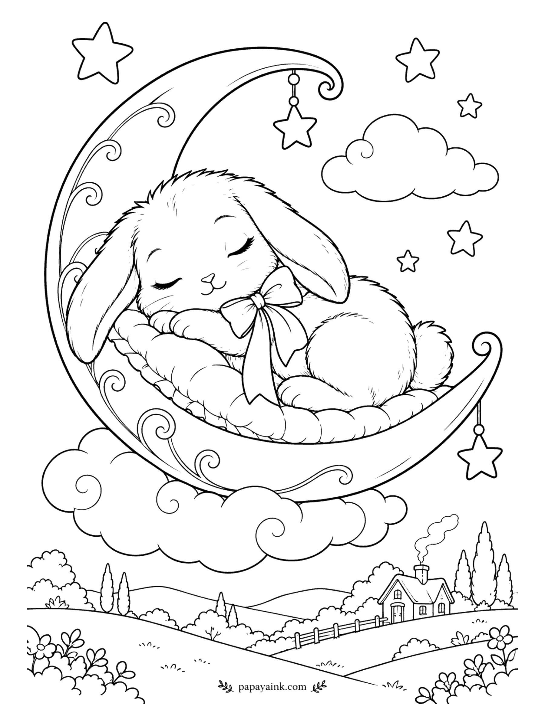 Bunny Coloring Pages - Sleep comes easy on a crescent moon padded with a quilt. The lop-eared bunny is out cold, stars dangle from the tip of the moon, and a farmhouse chimney smokes far below. Very few small details - a calm page for a tired evening.