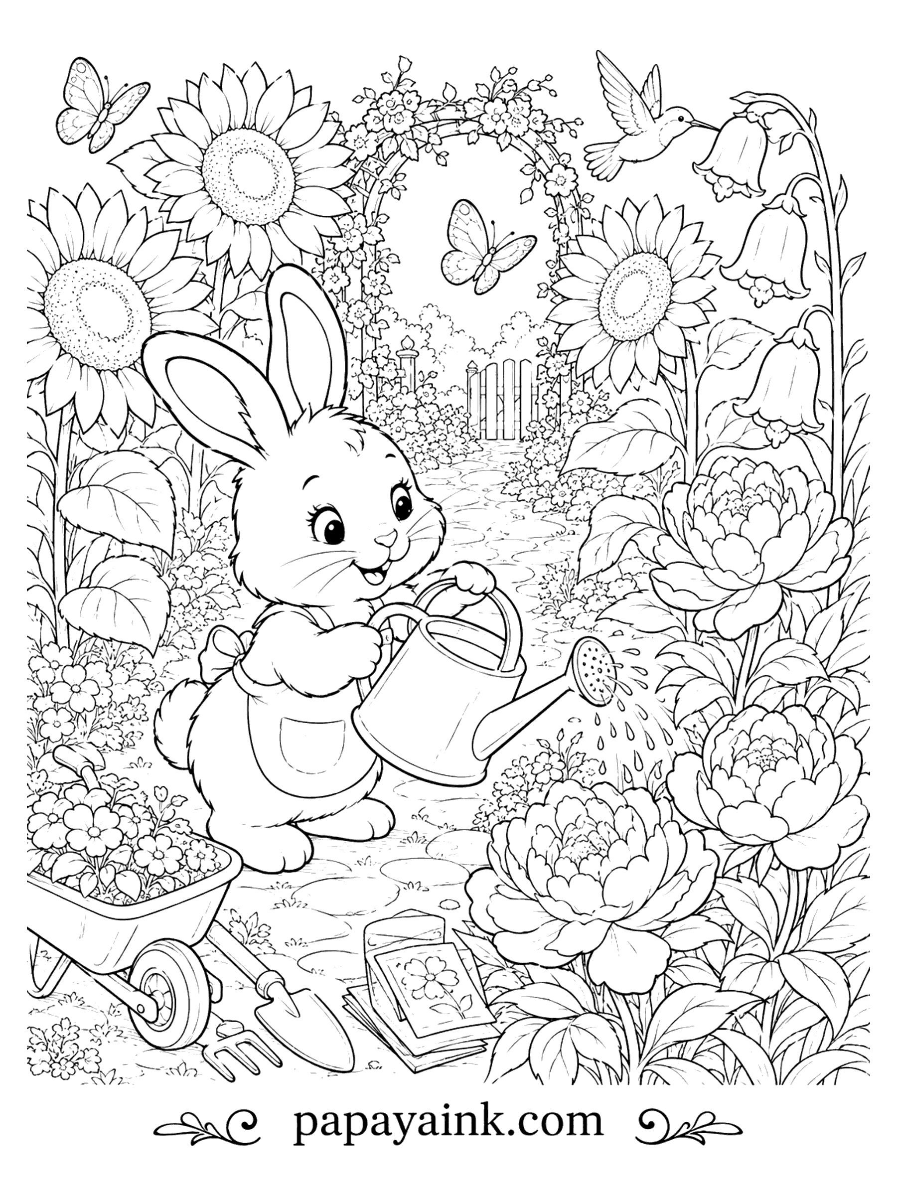 Bunny Coloring Pages - Bunny watering a cottage garden with sunflowers, peonies, and a hummingbird (Detailed)