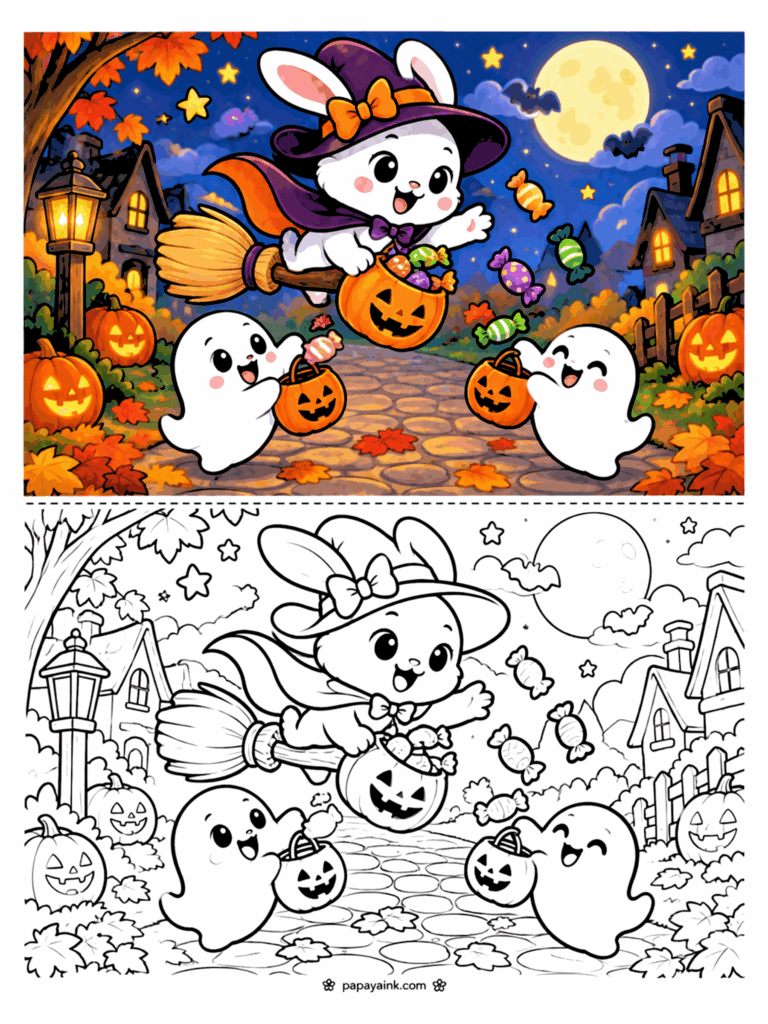 Easy Cute Halloween Coloring Pages - Bunny witch flying on a broom over a cobblestone street with two ghosts catching candy (Detailed)