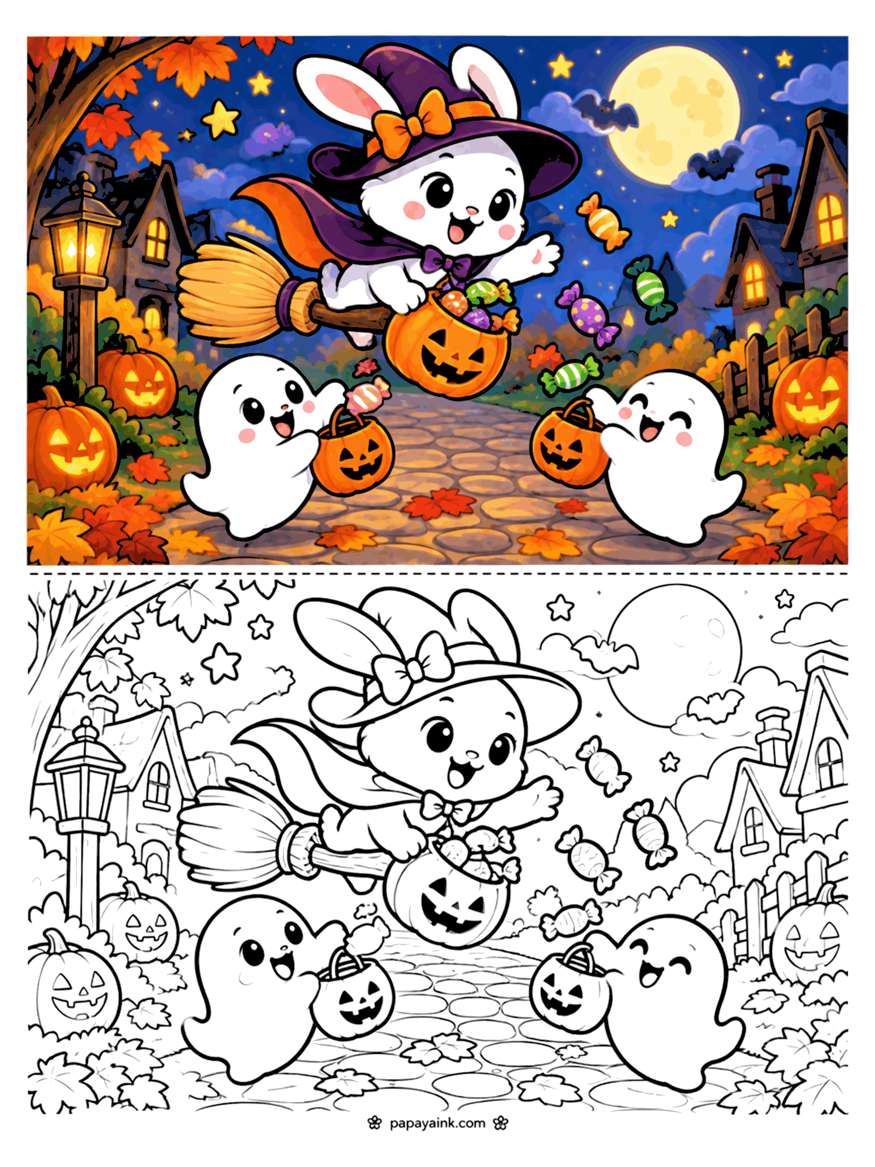 Easy Cute Halloween Coloring Pages - Bunny witch flying on a broom over a cobblestone street with two ghosts catching candy (Detailed)