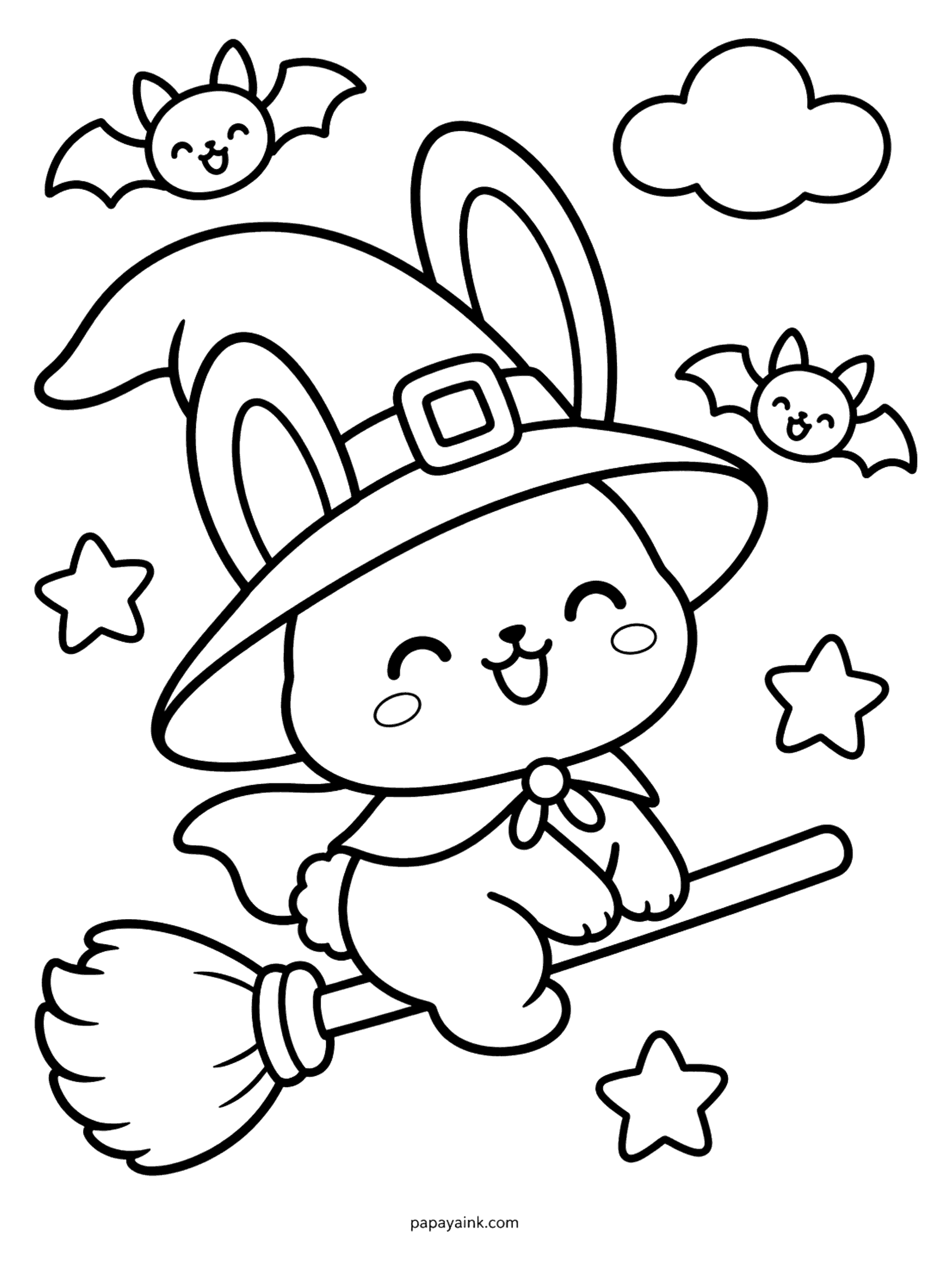 Easy Cute Halloween Coloring Pages - Bunny in a big witch hat flying on a broomstick through a starry sky with two giggling bats