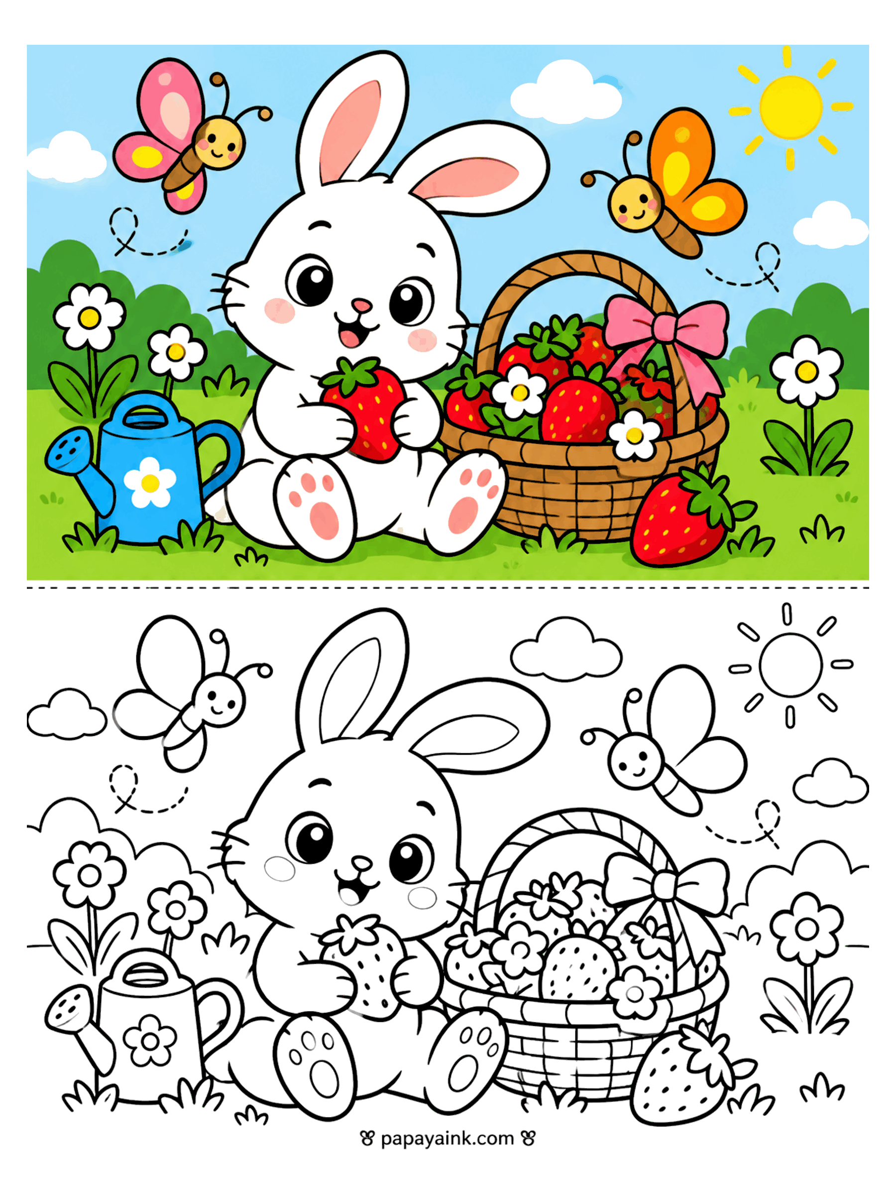 Copy Coloring Pages - Copy coloring page of a bunny holding a strawberry beside a full basket, watering can and butterflies