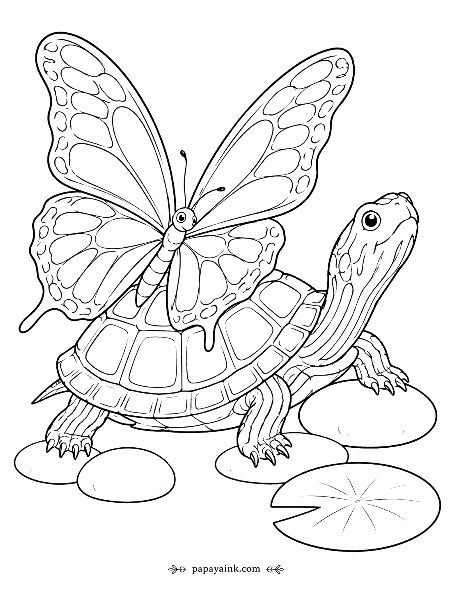 Butterfly Coloring Pages - Butterfly and Turtle Coloring Page: Resting on the Shell