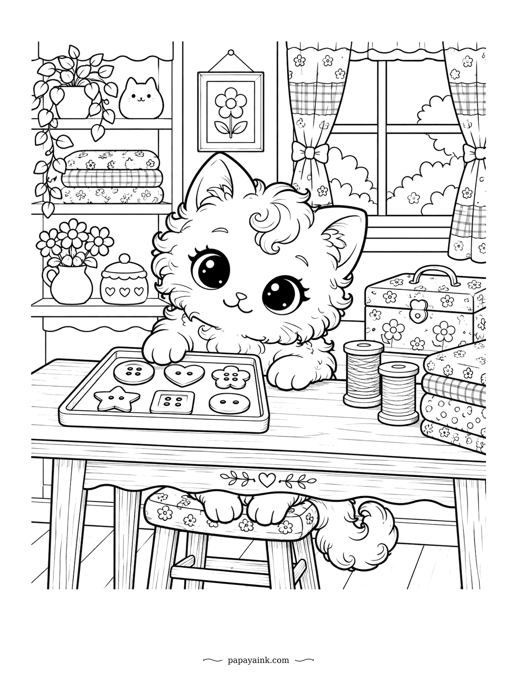 Kawaii Cat Coloring Pages - A tray of buttons shaped like stars, hearts and flowers sits on the sewing table, and one curly kitten is already sorting them with a careful paw. Spools of thread and a sewing box complete the craft corner. Every button can be a different color.